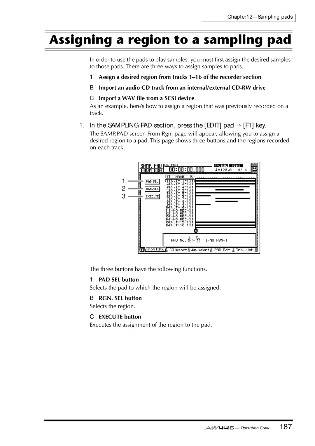 Yamaha AW4416 Assigning a region to a sampling pad, Sampling PAD section, press the Edit pad → F1 key, PAD SEL button 