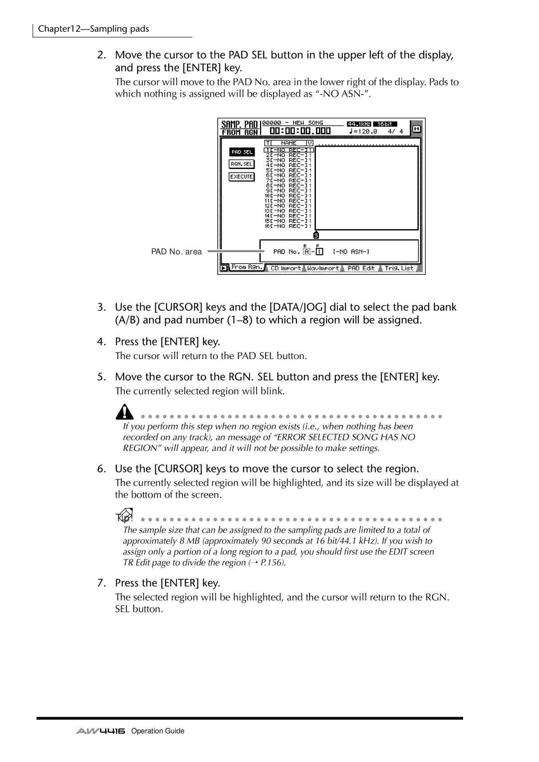 Yamaha AW4416 manual 188, Use the Cursor keys to move the cursor to select the region 