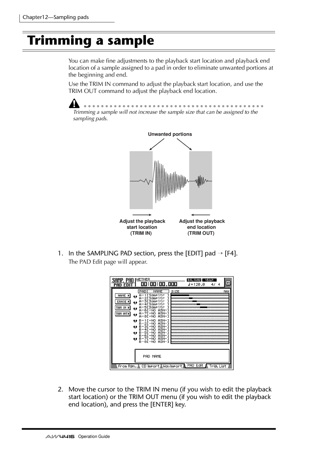 Yamaha AW4416 manual Trimming a sample, 190, Sampling PAD section, press the Edit pad → F4 