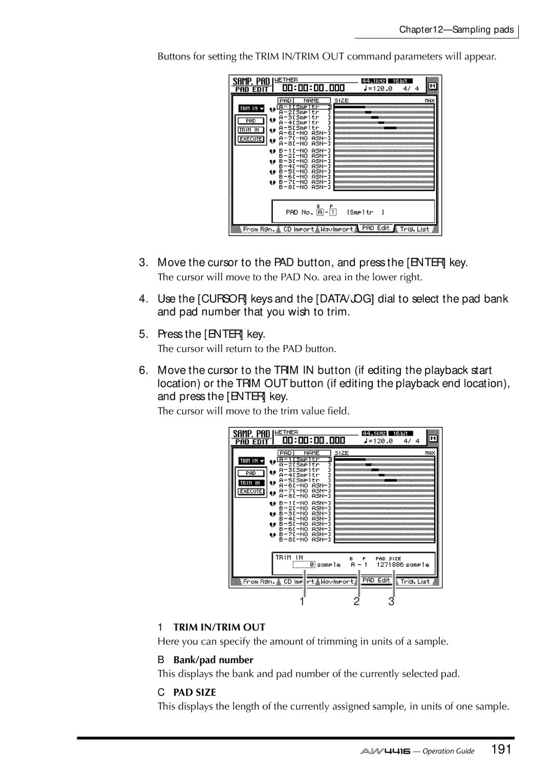 Yamaha AW4416 Move the cursor to the PAD button, and press the Enter key, Trim IN/TRIM OUT, Bank/pad number, PAD Size 