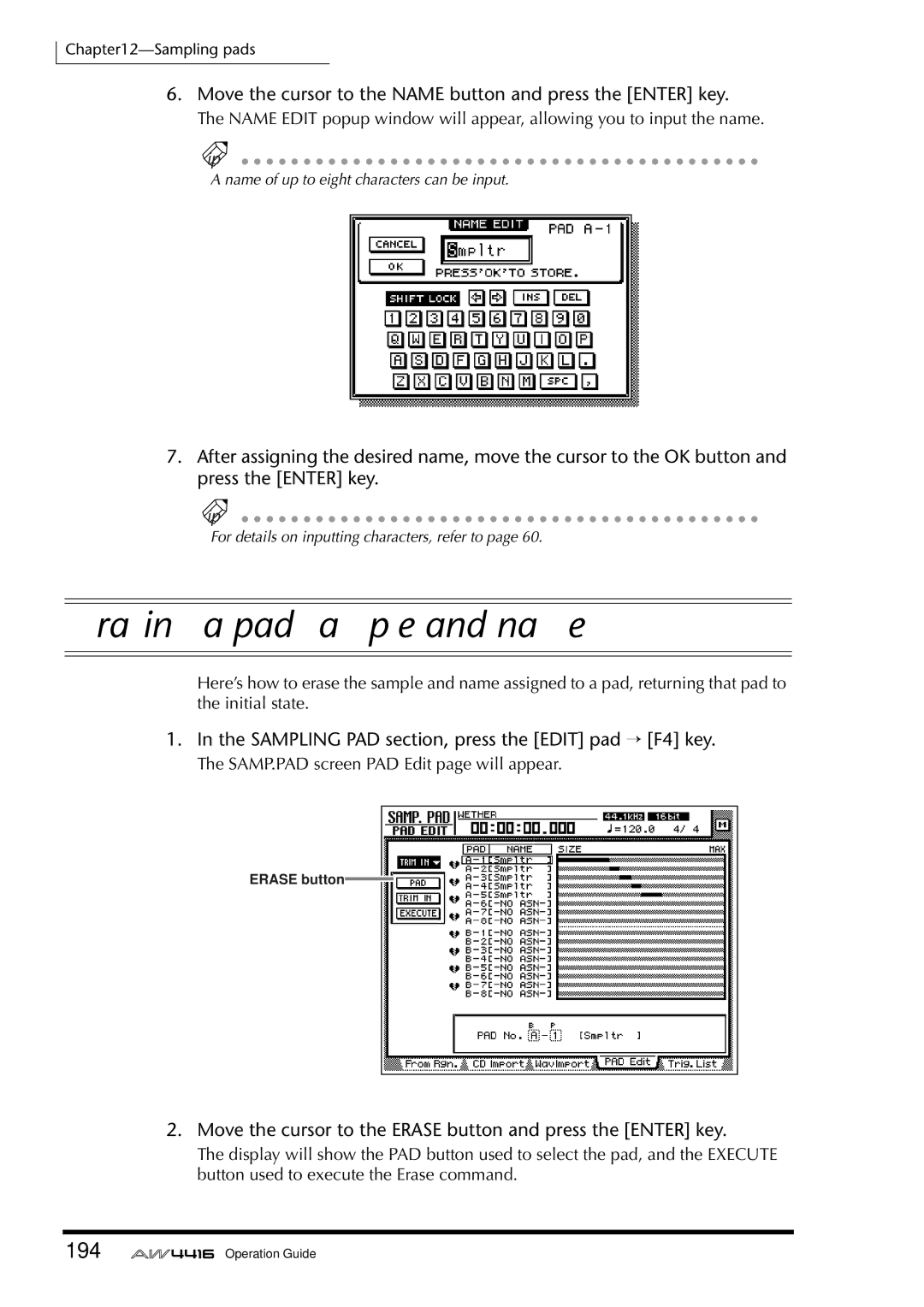 Yamaha AW4416 manual Erasing a pad sample and name, 194, Move the cursor to the Erase button and press the Enter key 