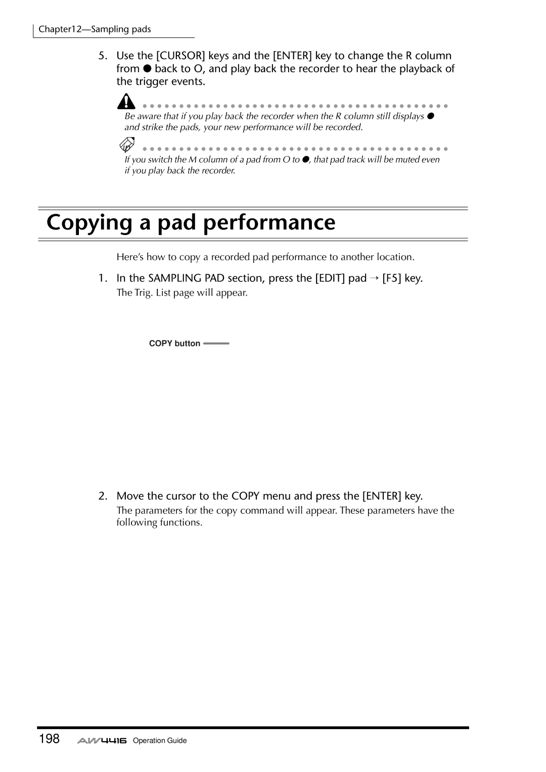 Yamaha AW4416 manual Copying a pad performance, 198, Move the cursor to the Copy menu and press the Enter key 