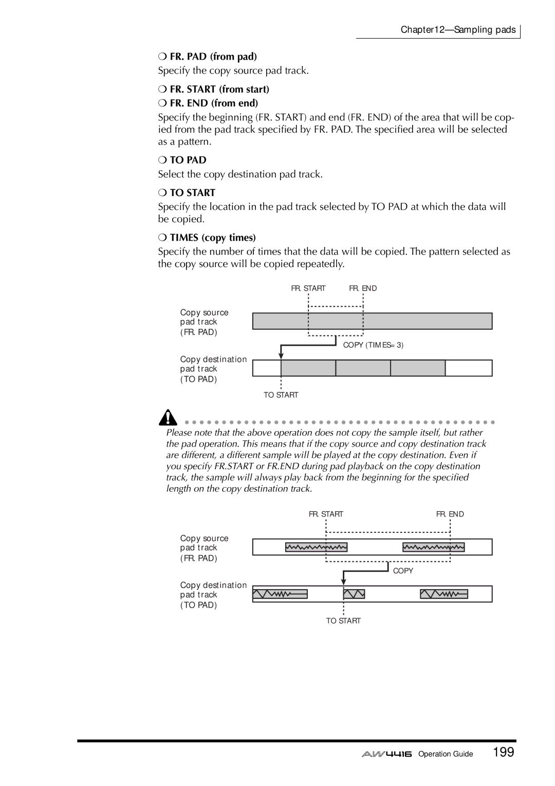 Yamaha AW4416 manual FR. PAD from pad, FR. Start from start FR. END from end, To PAD, To Start, Times copy times 