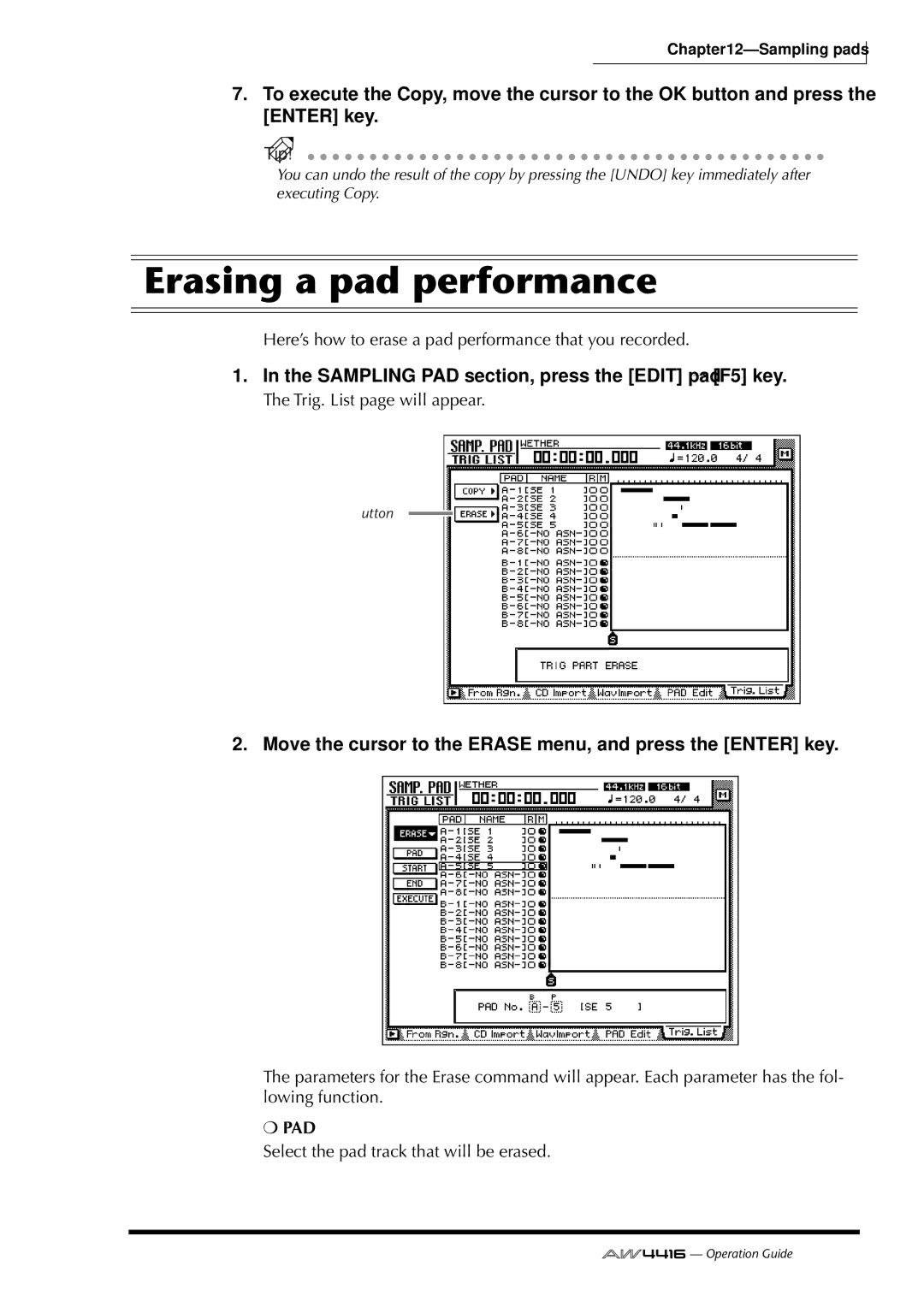 Yamaha AW4416 manual Erasing a pad performance, Move the cursor to the Erase menu, and press the Enter key 