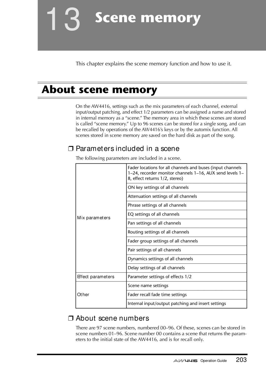 Yamaha AW4416 manual Scene memory, About scene memory, Parameters included in a scene, About scene numbers 