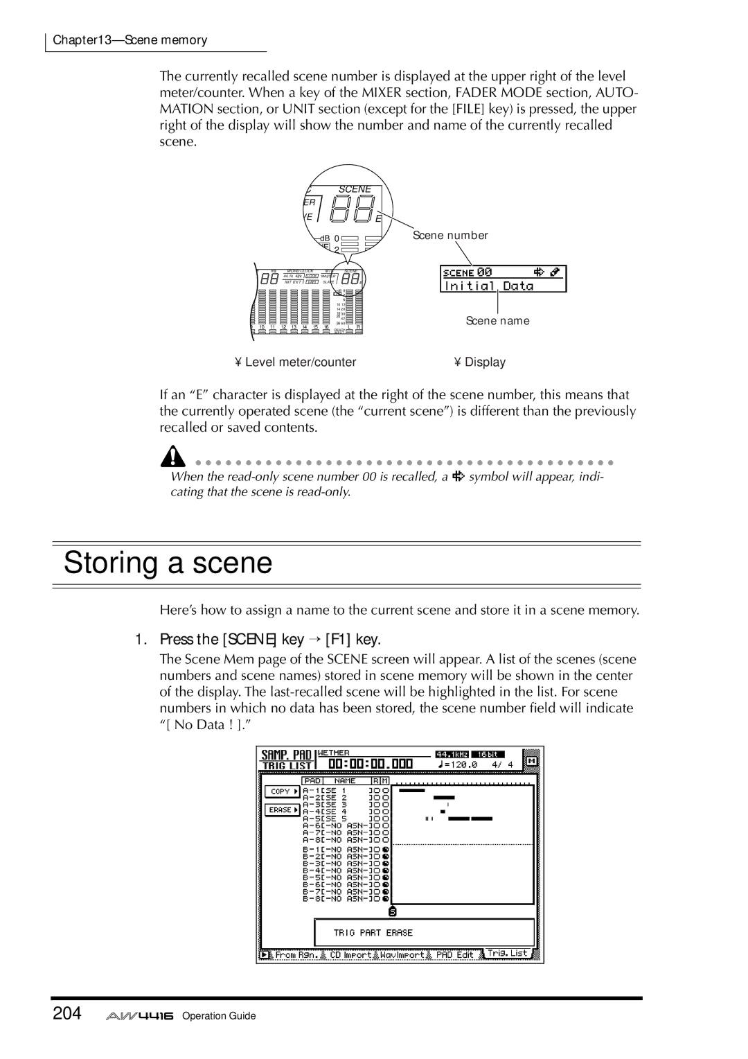 Yamaha AW4416 manual Storing a scene, 204, Press the Scene key → F1 key 