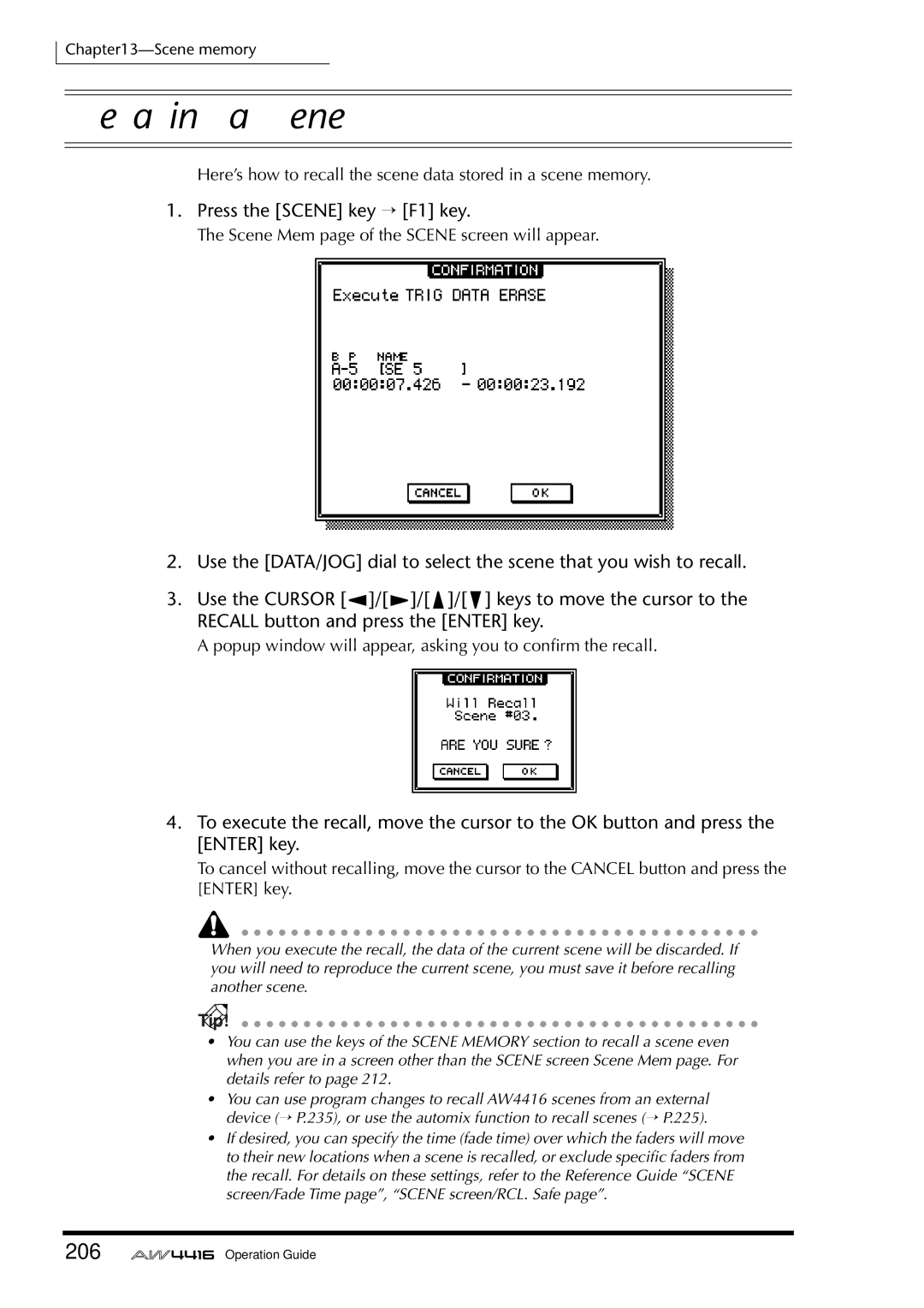 Yamaha AW4416 manual Recalling a scene, 206 