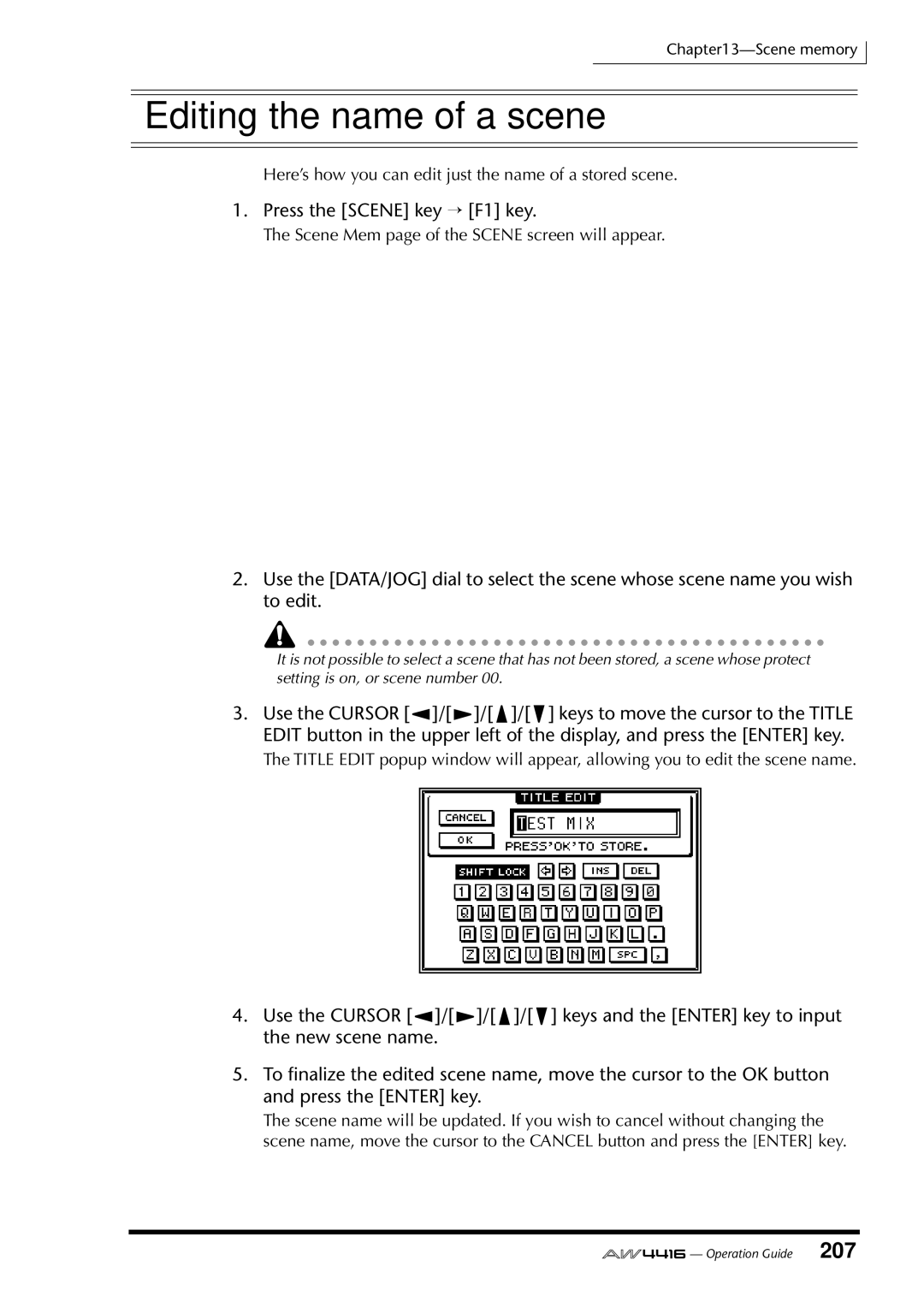 Yamaha AW4416 manual Editing the name of a scene 