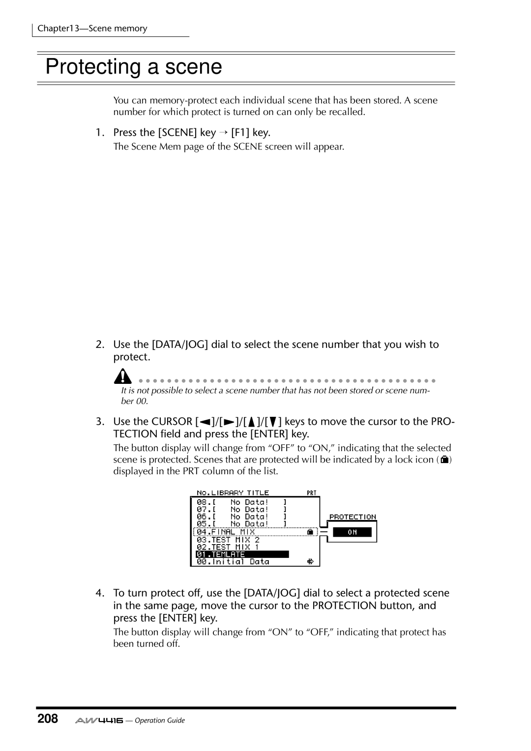 Yamaha AW4416 manual Protecting a scene, 208 