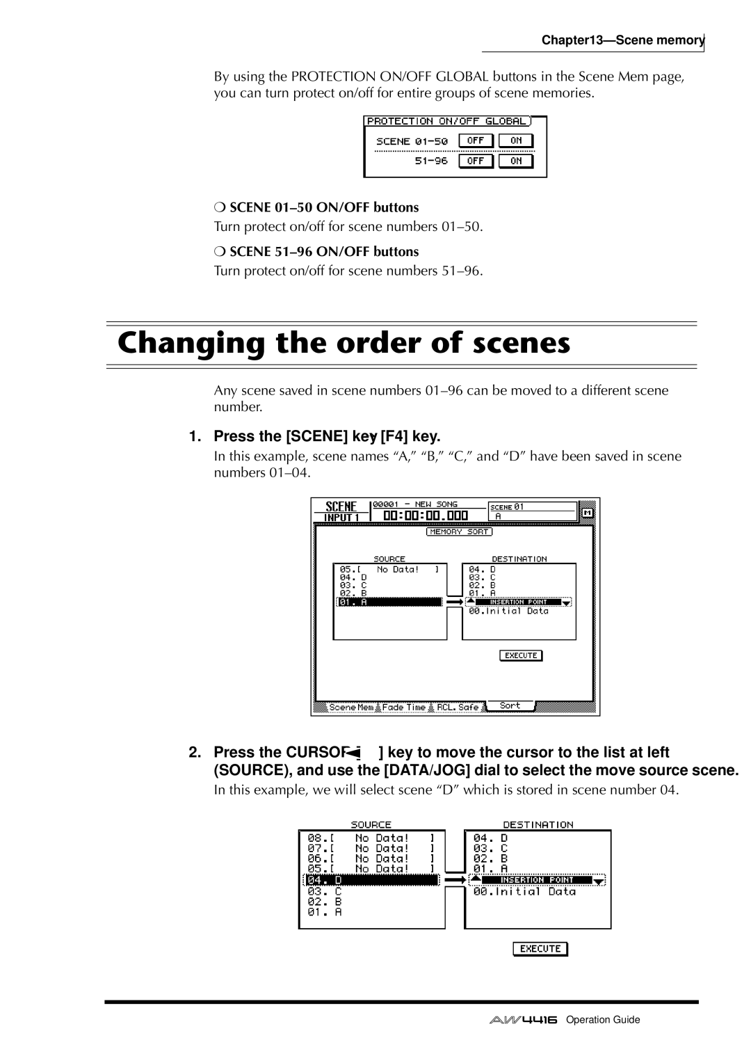 Yamaha AW4416 manual Changing the order of scenes, Press the Scene key → F4 key, Scene 01-50 ON/OFF buttons 