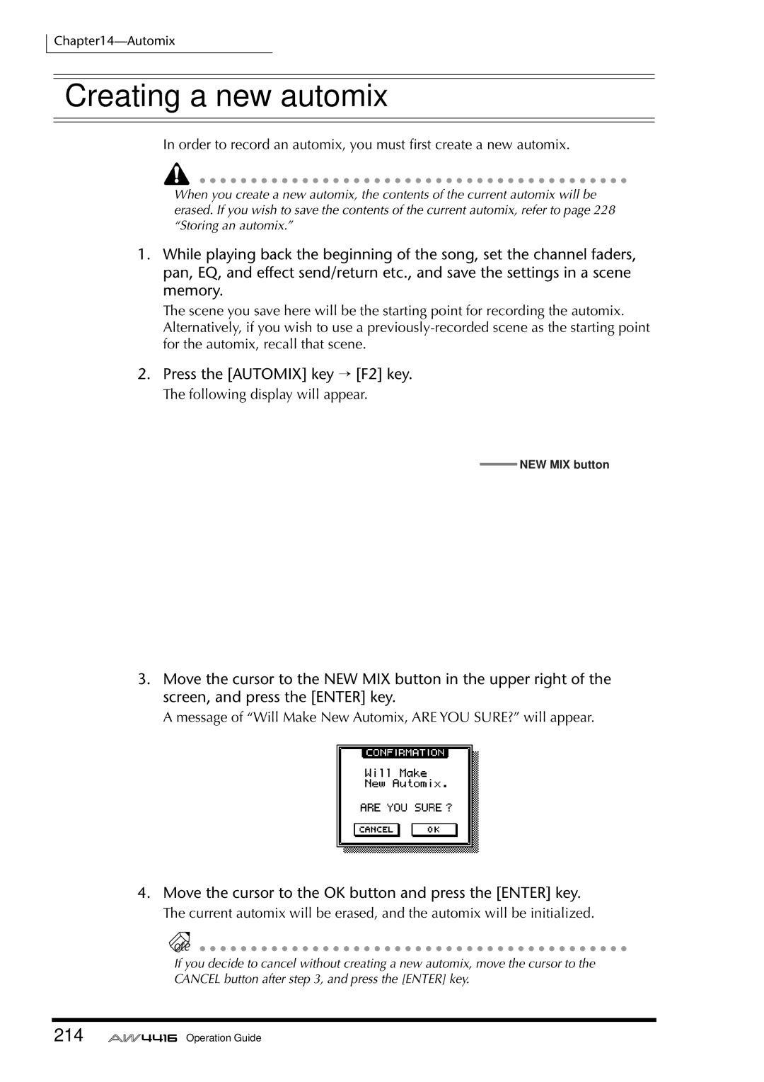 Yamaha AW4416 manual Creating a new automix, 214, Press the Automix key → F2 key 