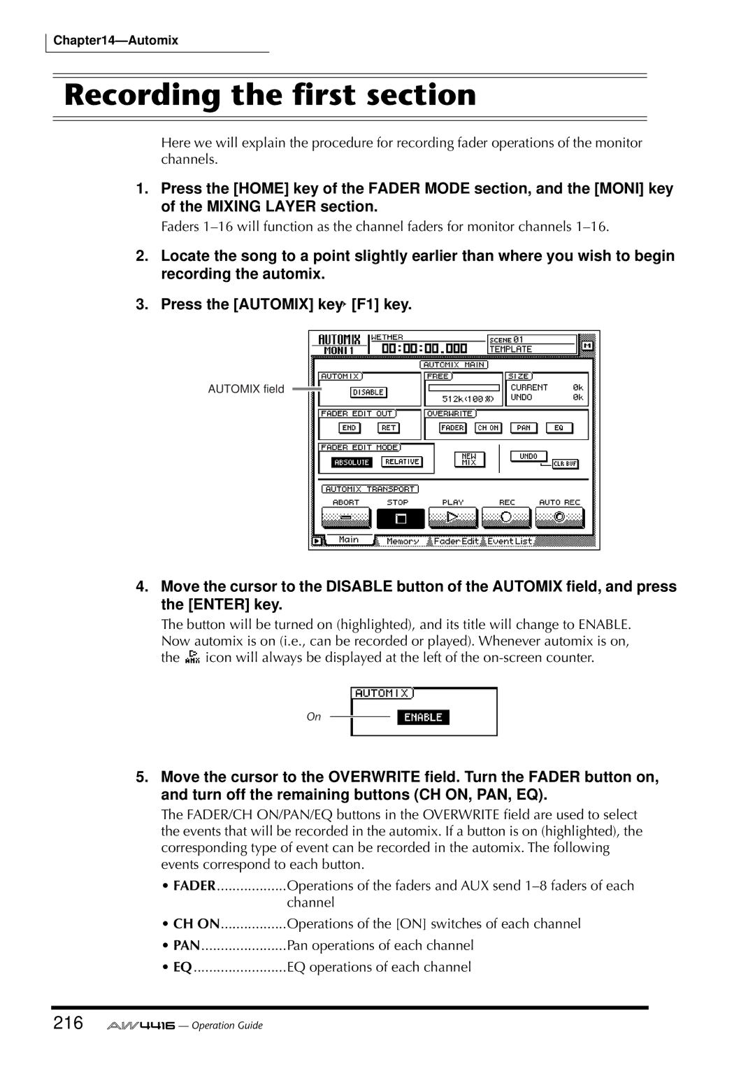 Yamaha AW4416 manual Recording the ﬁrst section, 216 