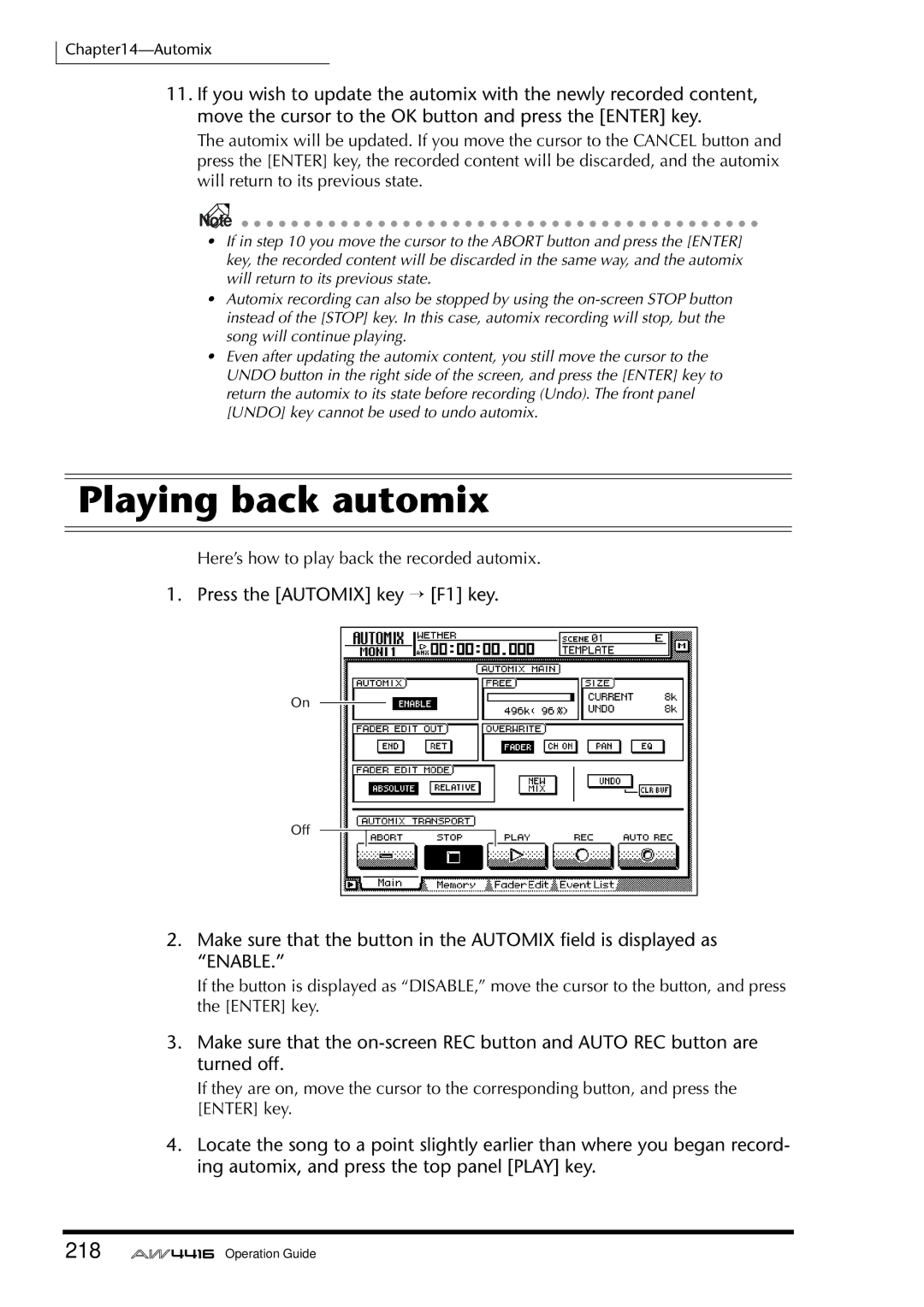 Yamaha AW4416 manual Playing back automix, 218 