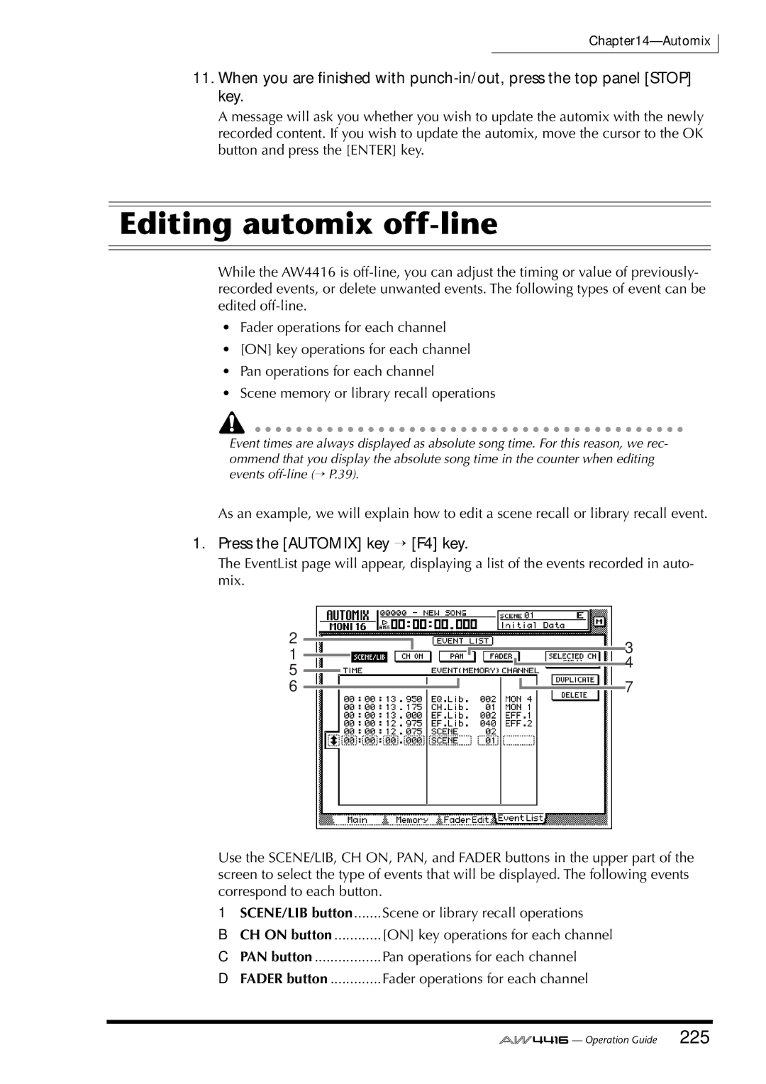 Yamaha AW4416 manual Editing automix off-line, Press the Automix key → F4 key 