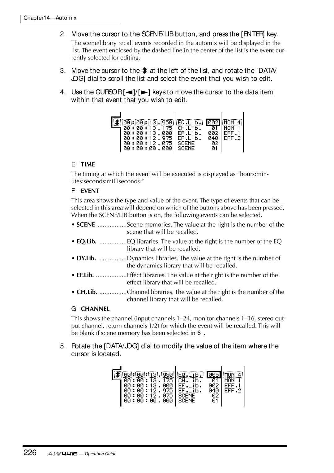 Yamaha AW4416 manual 226, Time, Event, Channel 