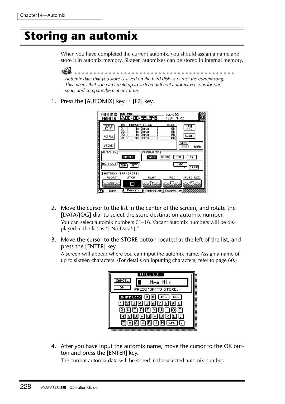 Yamaha AW4416 manual Storing an automix, 228 