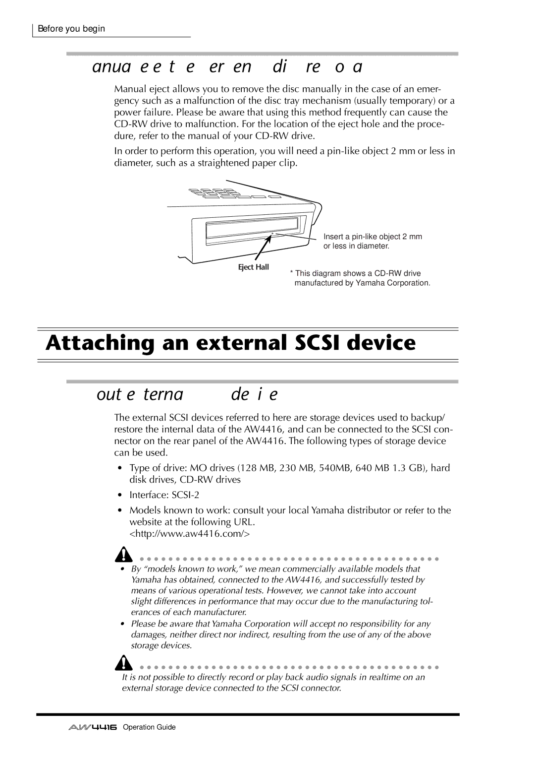 Yamaha AW4416 manual Attaching an external Scsi device, Manual eject emergency disc removal, About external Scsi devices 