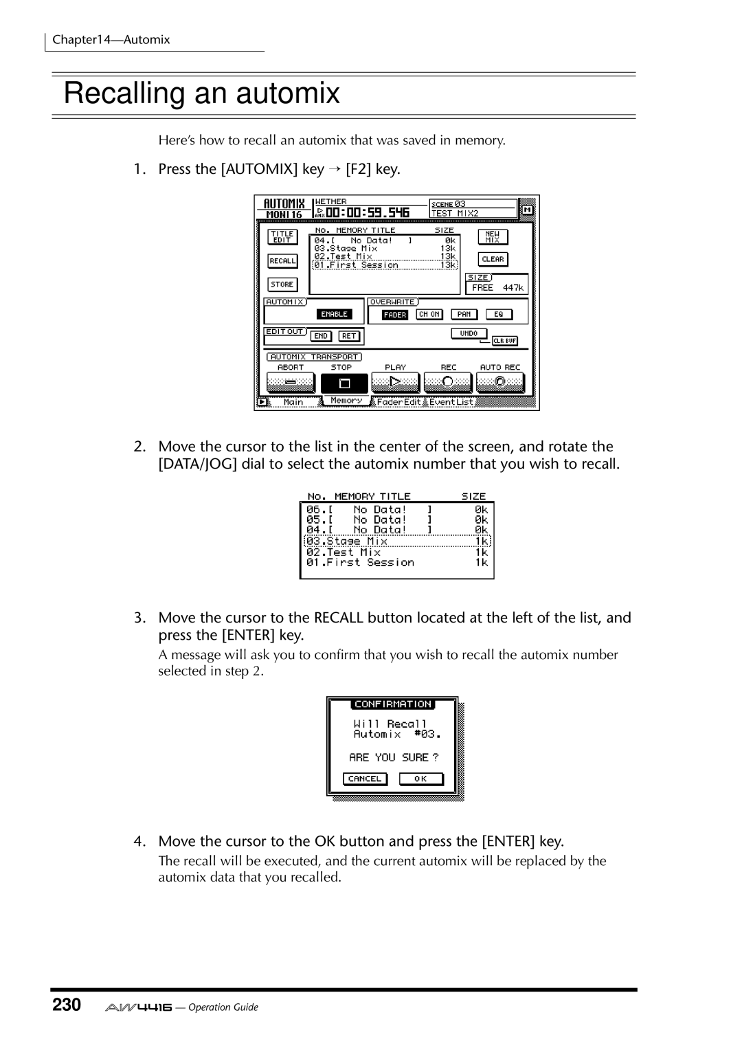 Yamaha AW4416 manual Recalling an automix, 230 