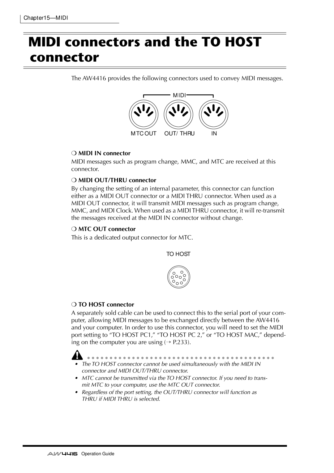 Yamaha AW4416 manual Midi connectors and the to Host connector, 232 