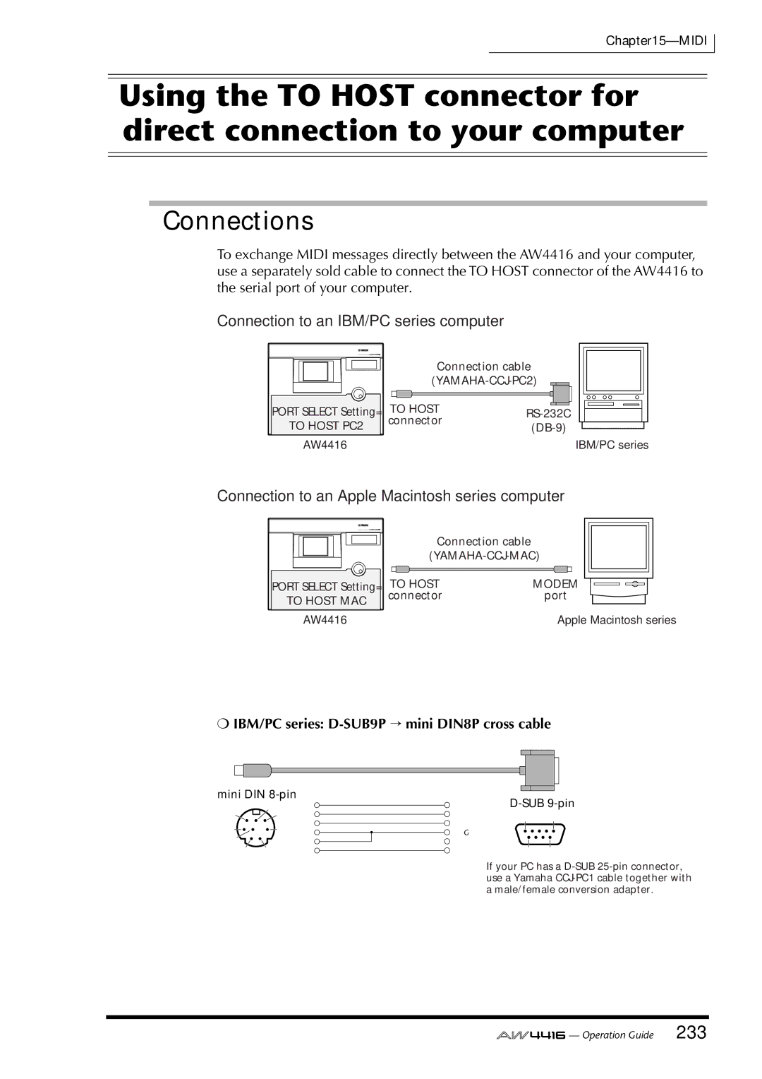 Yamaha AW4416 manual Connections, Connection to an IBM/PC series computer, Connection to an Apple Macintosh series computer 