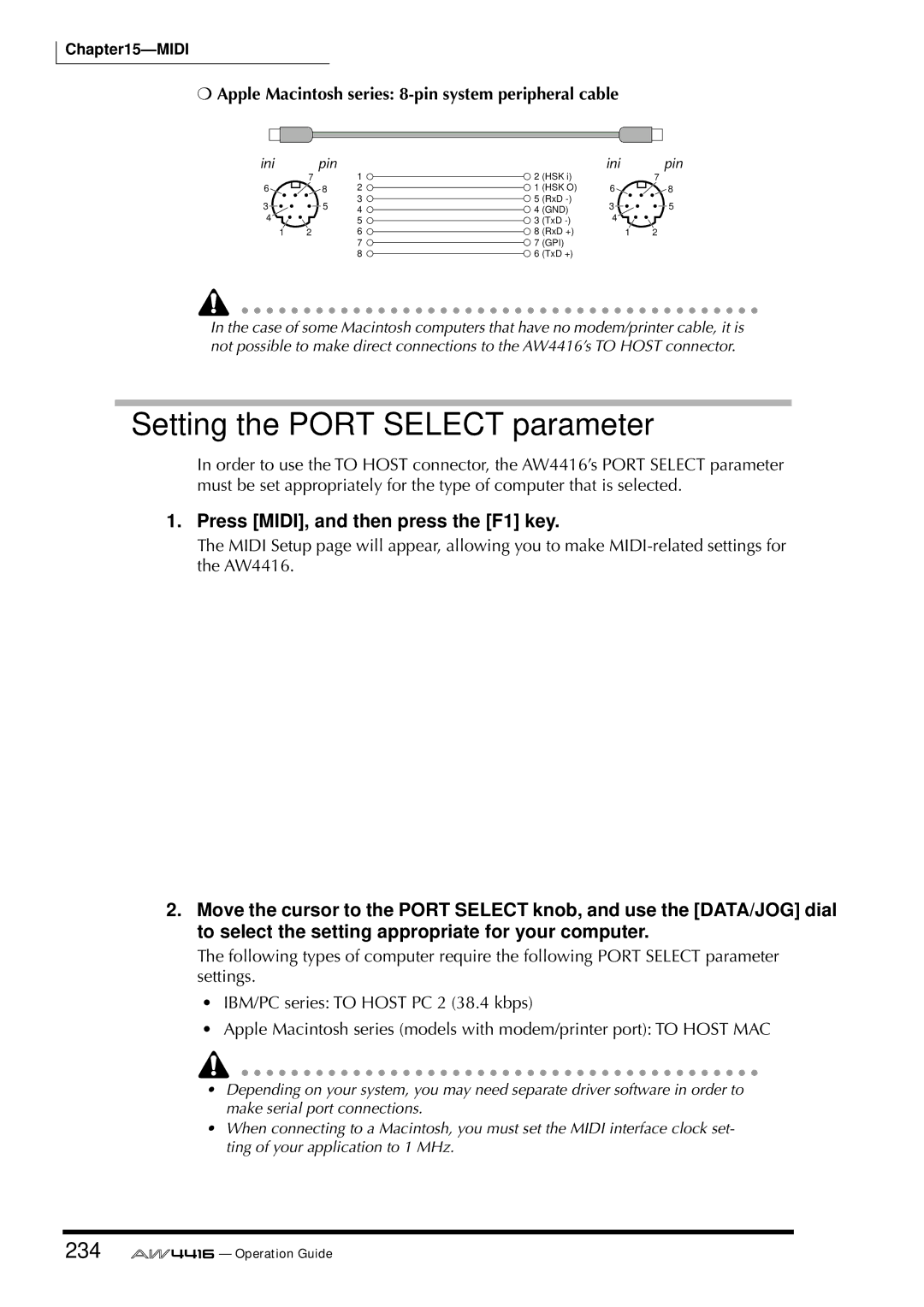 Yamaha AW4416 manual Setting the Port Select parameter, 234, Press MIDI, and then press the F1 key 