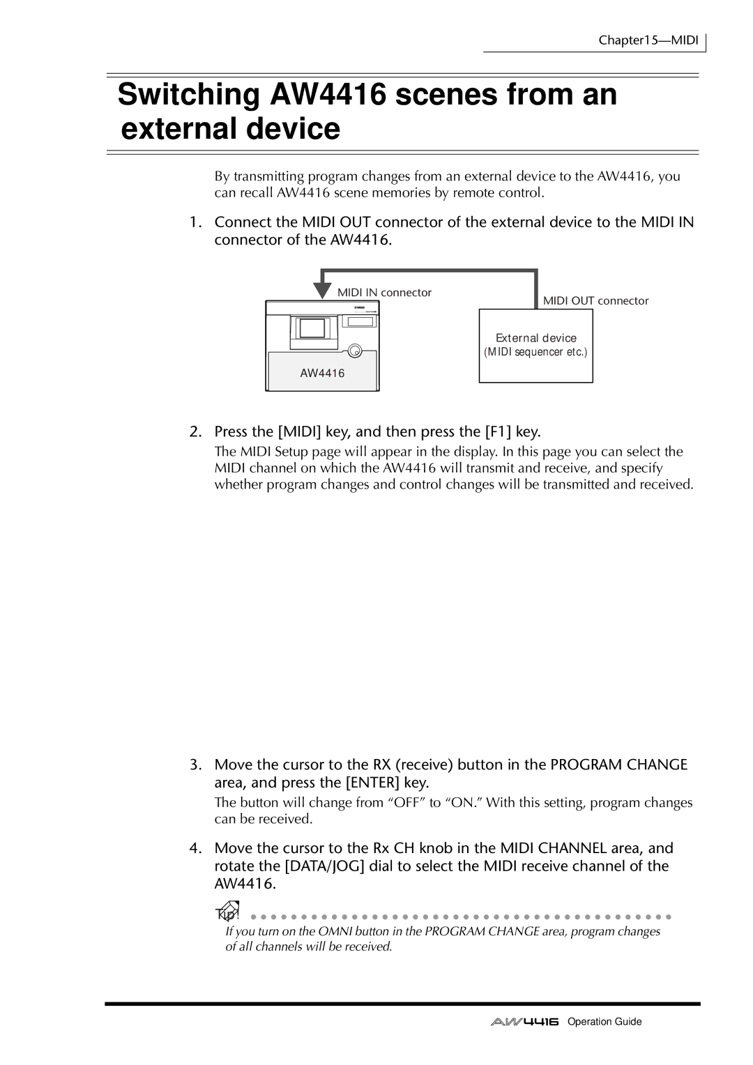 Yamaha manual Switching AW4416 scenes from an external device, Press the Midi key, and then press the F1 key 