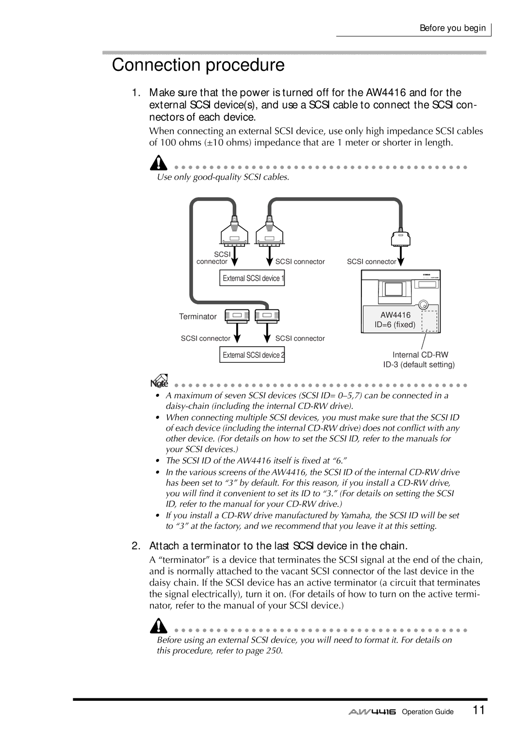 Yamaha AW4416 manual Connection procedure, Attach a terminator to the last Scsi device in the chain 