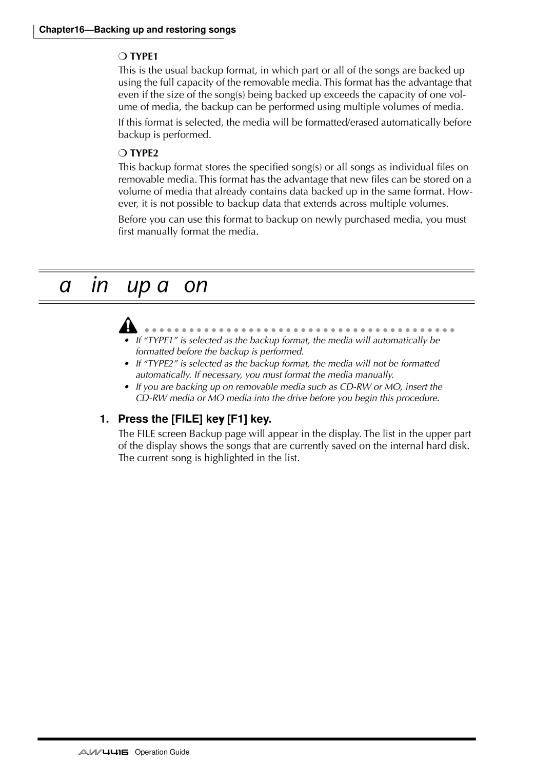 Yamaha AW4416 manual Backing up a song, 246, Press the File key → F1 key, TYPE1, TYPE2 