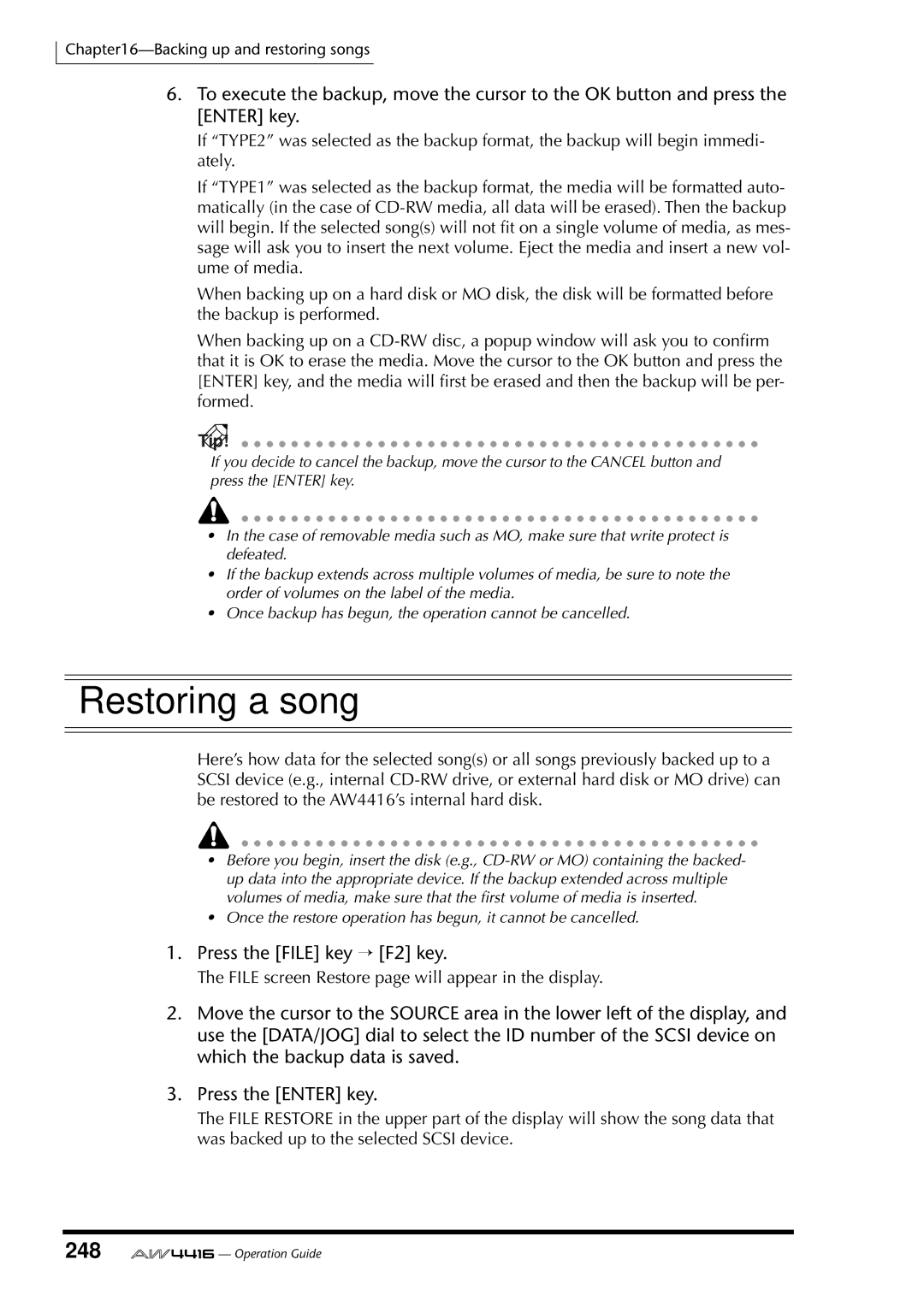 Yamaha AW4416 manual Restoring a song, 248, Press the File key → F2 key 