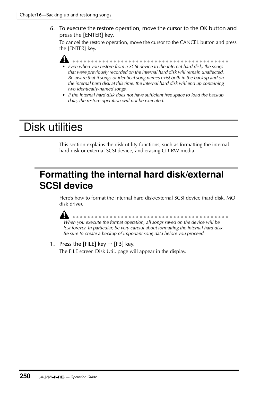 Yamaha AW4416 Disk utilities, Formatting the internal hard disk/external Scsi device, 250, Press the File key → F3 key 