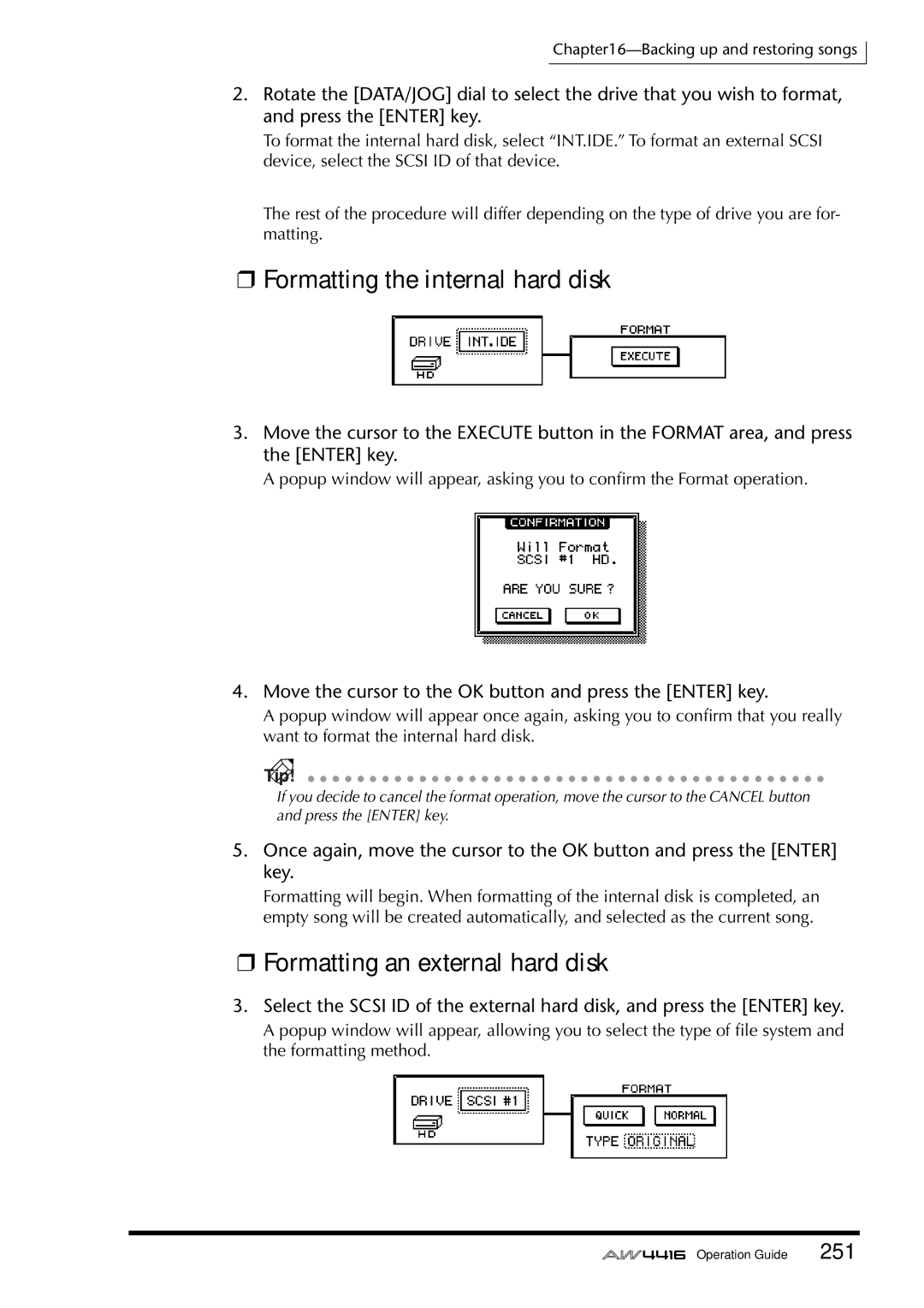 Yamaha AW4416 manual Formatting the internal hard disk, Formatting an external hard disk 