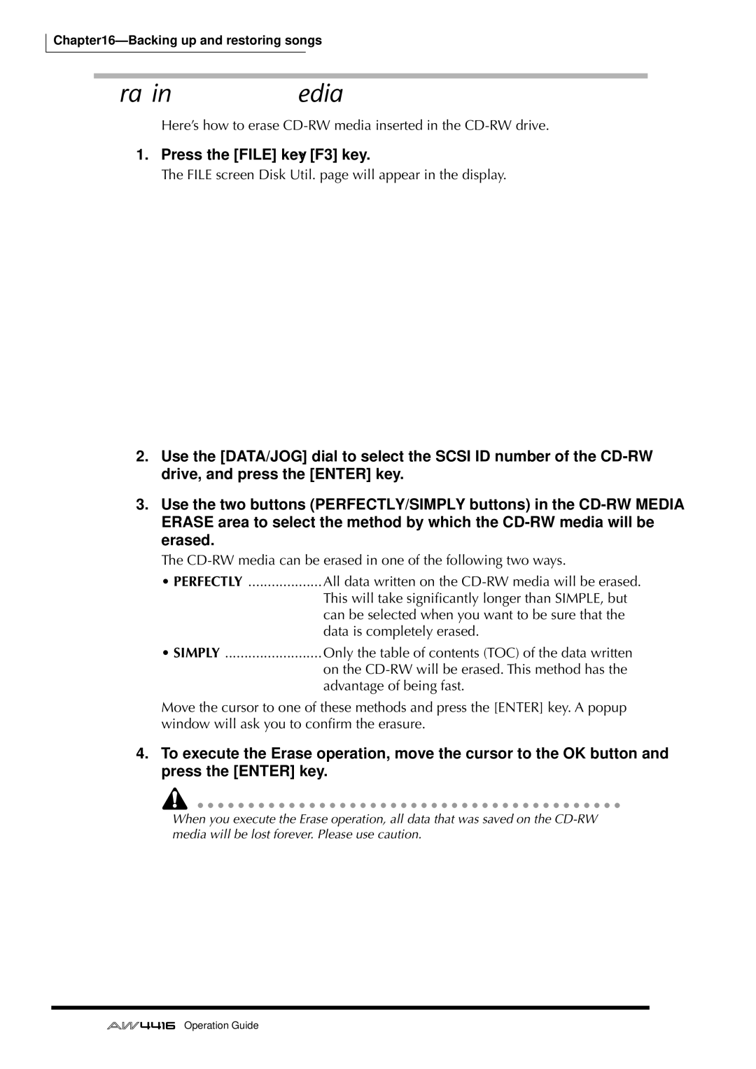 Yamaha AW4416 manual Erasing CD-RW media, 254 