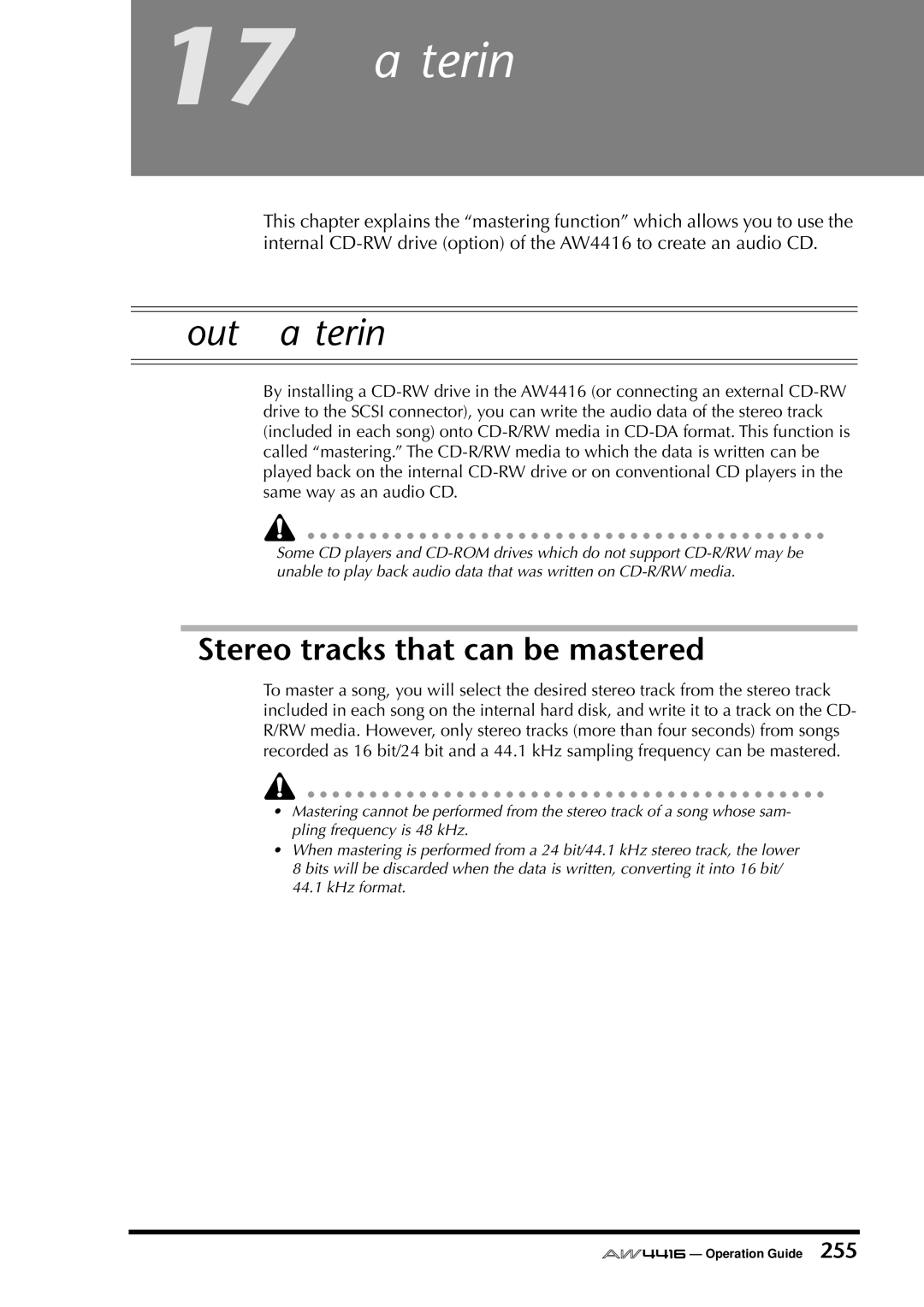 Yamaha AW4416 manual Mastering, About mastering, Stereo tracks that can be mastered 