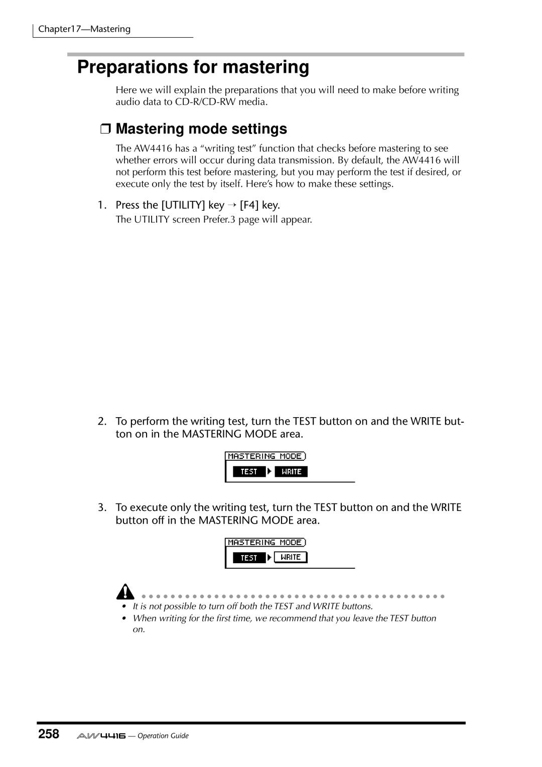 Yamaha AW4416 manual Preparations for mastering, Mastering mode settings, 258 