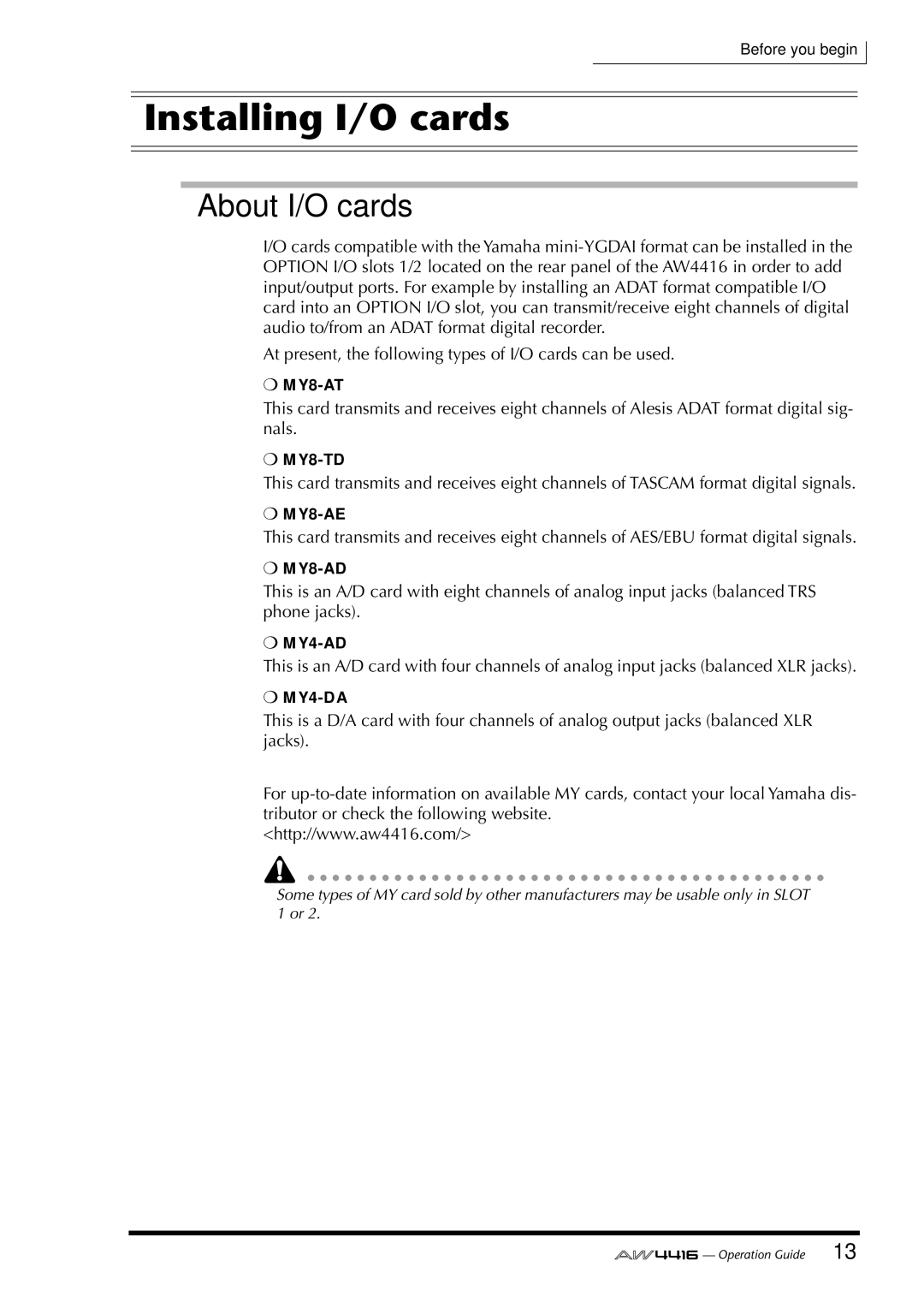Yamaha AW4416 manual Installing I/O cards, About I/O cards 