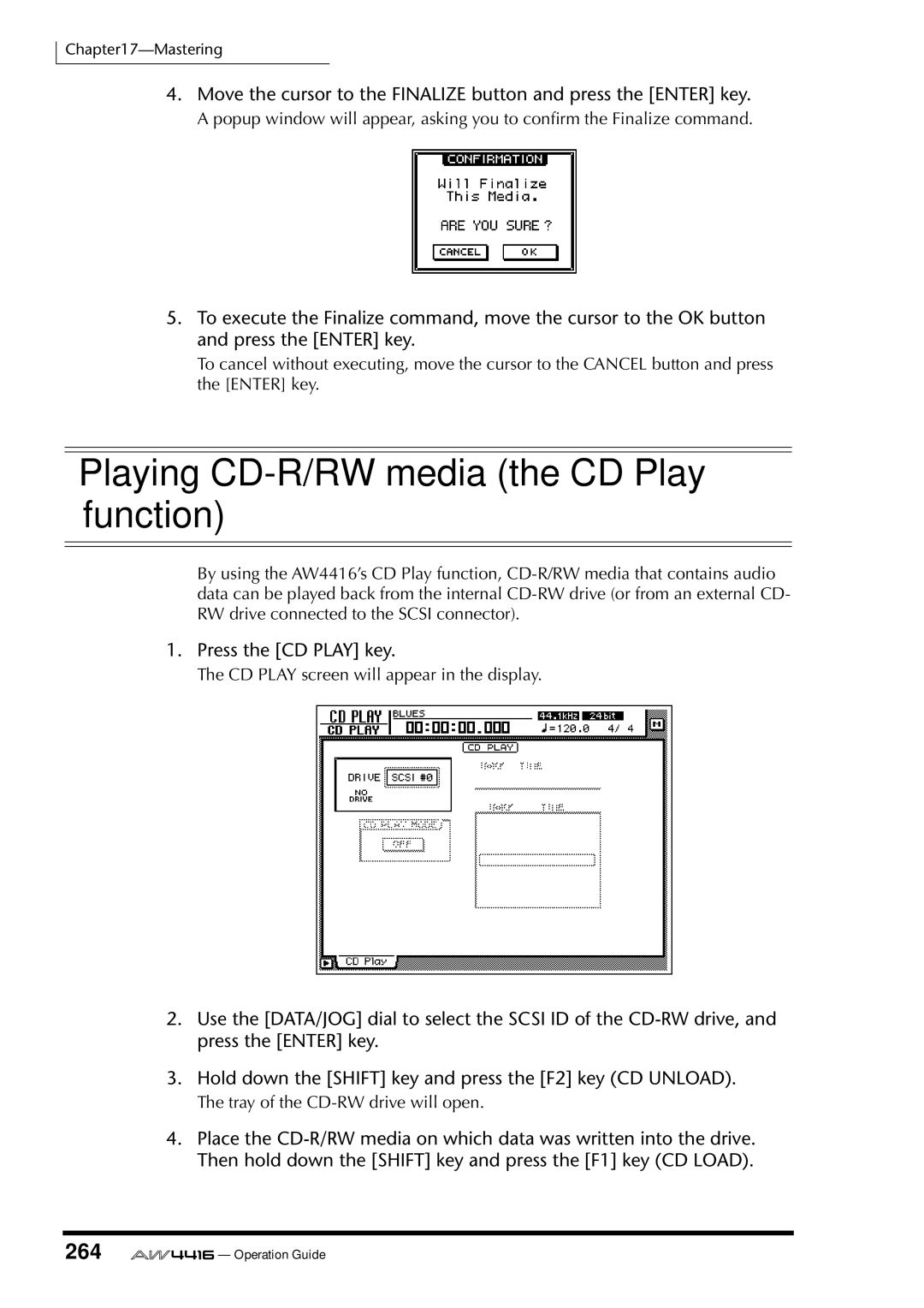 Yamaha AW4416 manual Playing CD-R/RW media the CD Play function, 264, Press the CD Play key 