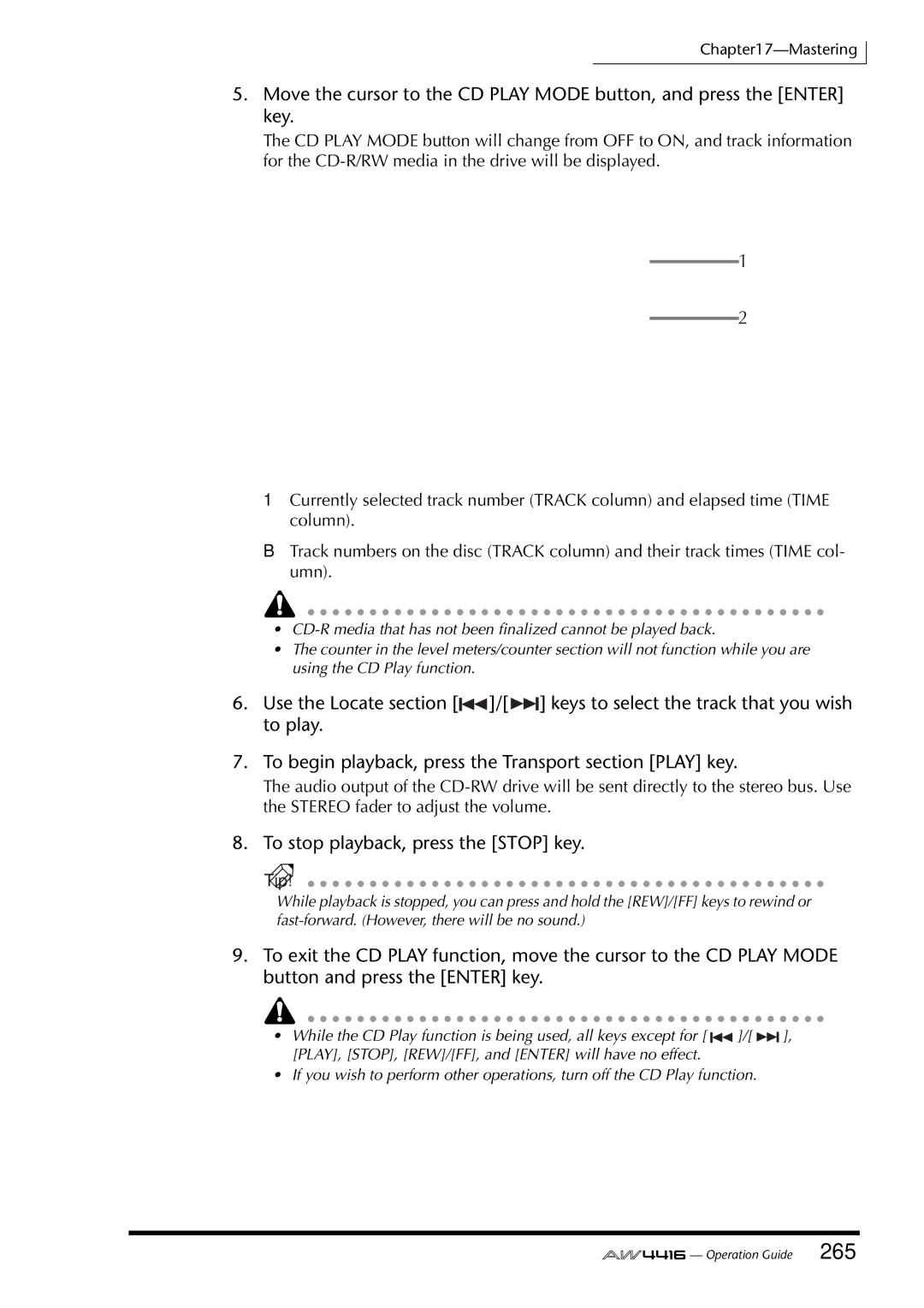 Yamaha AW4416 manual To stop playback, press the Stop key 