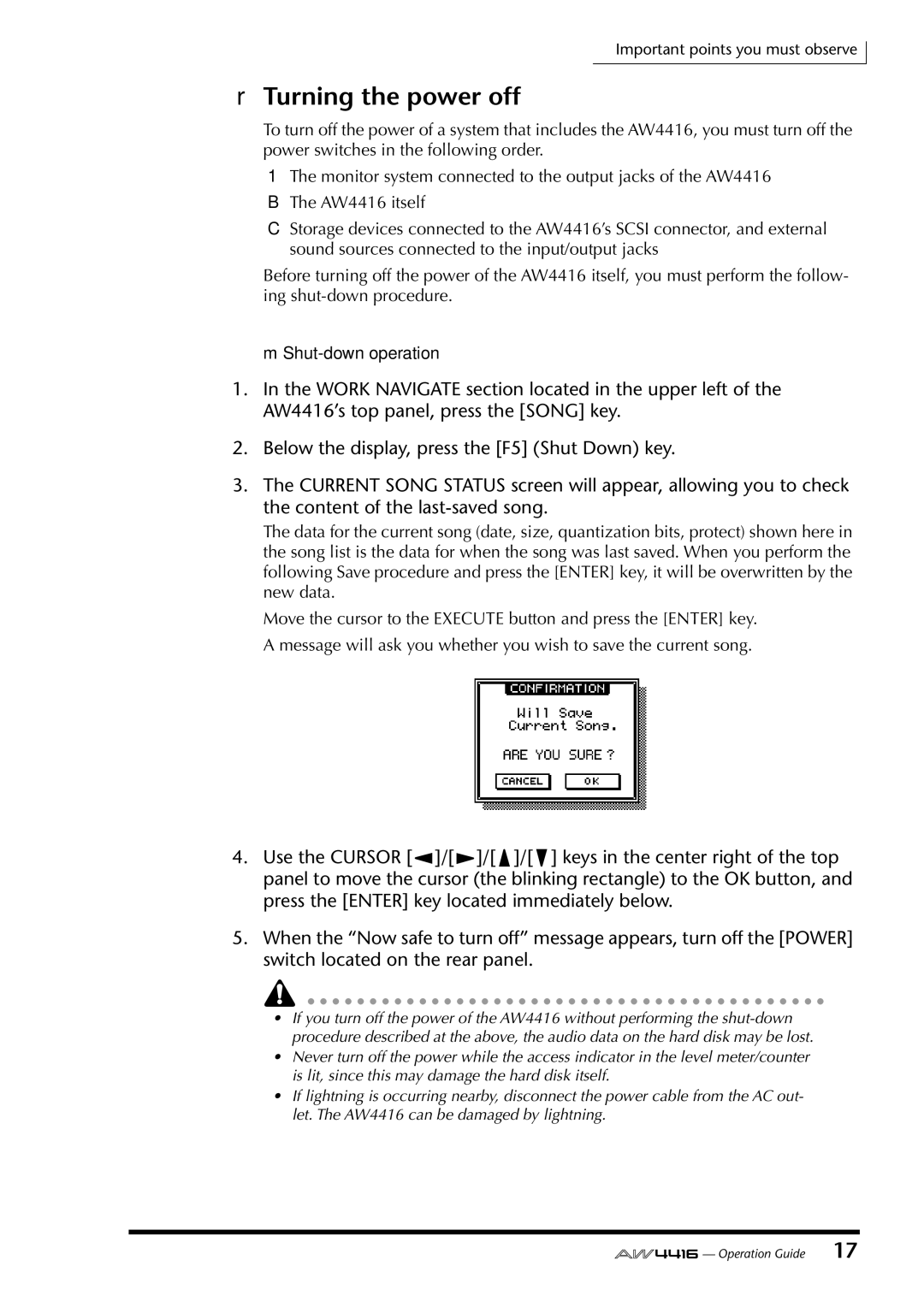 Yamaha AW4416 manual Turning the power off, Shut-down operation 