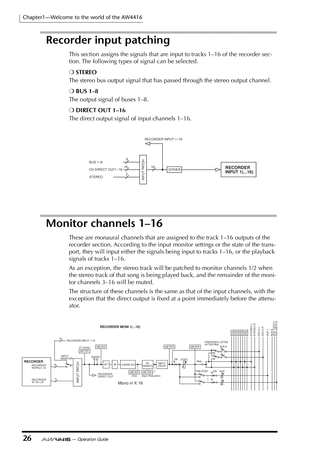 Yamaha AW4416 manual Recorder input patching, Monitor channels, Stereo, Bus, Direct OUT 