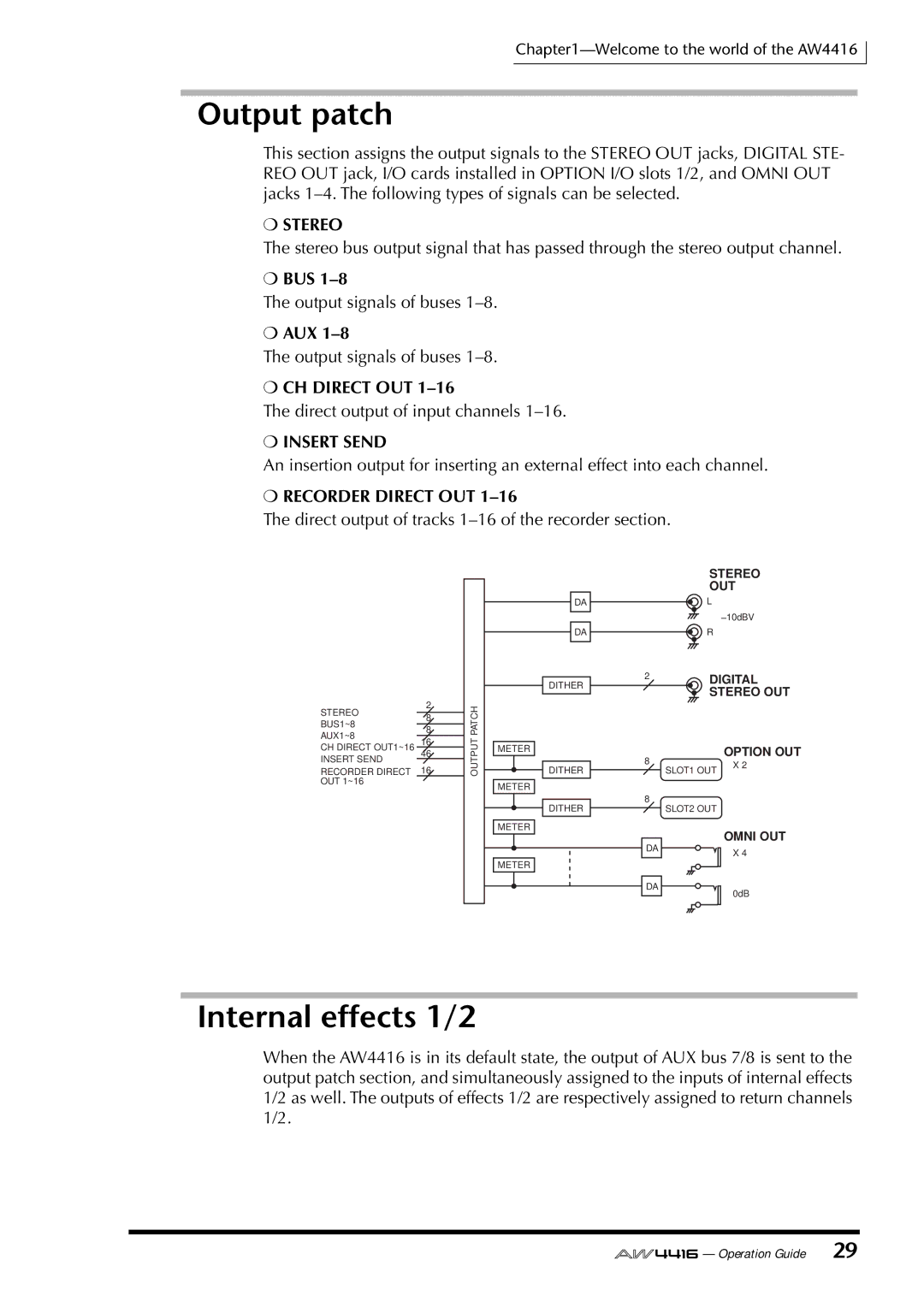 Yamaha AW4416 manual Output patch, Internal effects 1/2, CH Direct OUT, Insert Send, Recorder Direct OUT 