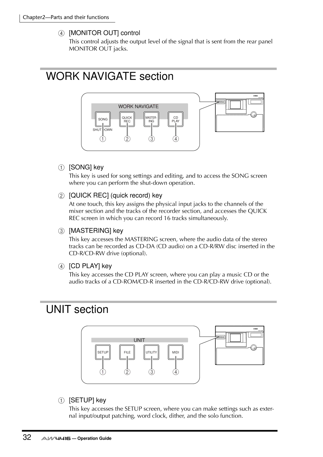 Yamaha AW4416 manual Work Navigate section, Unit section 