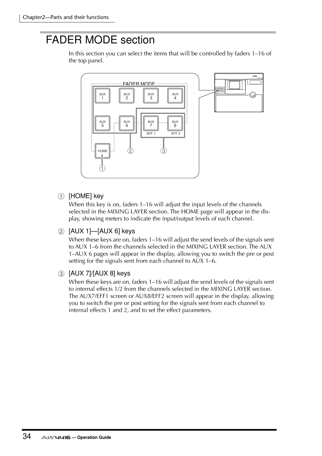 Yamaha AW4416 manual Fader Mode section, Home key, AUX 1-AUX 6 keys, AUX 7/AUX 8 keys 
