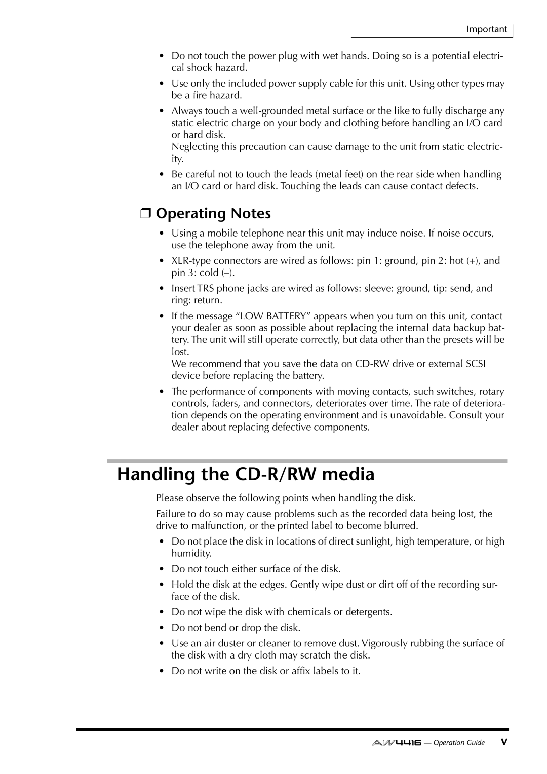 Yamaha AW4416 manual Handling the CD-R/RW media, Operating Notes 