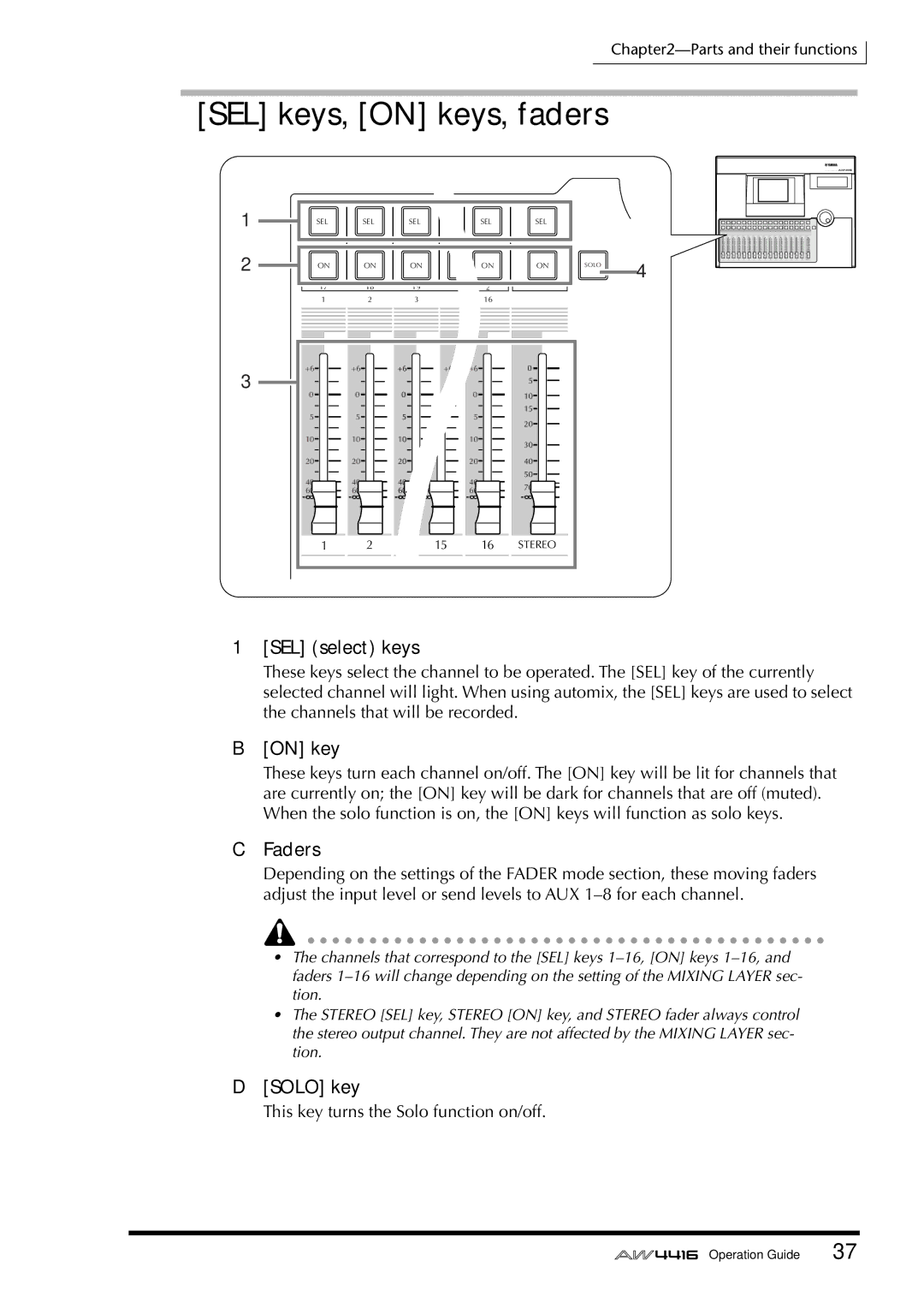 Yamaha AW4416 manual SEL keys, on keys, faders, SEL select keys, On key, Faders, Solo key 