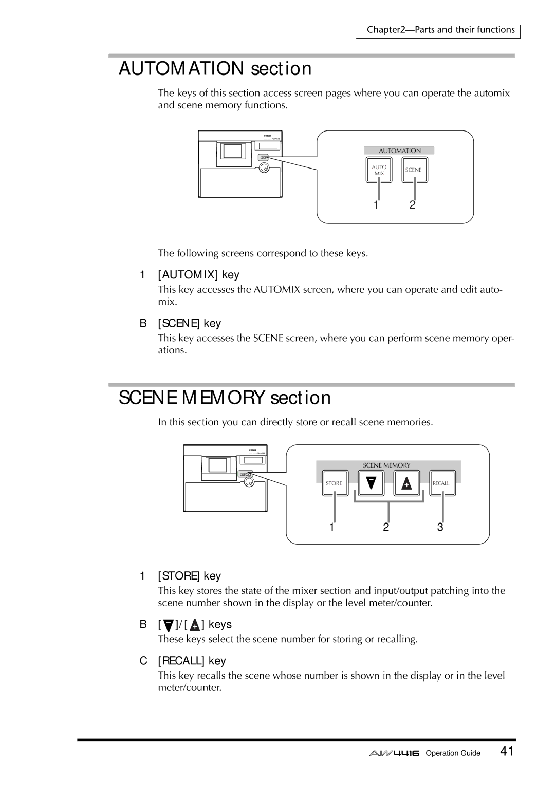 Yamaha AW4416 manual Automation section, Scene Memory section 