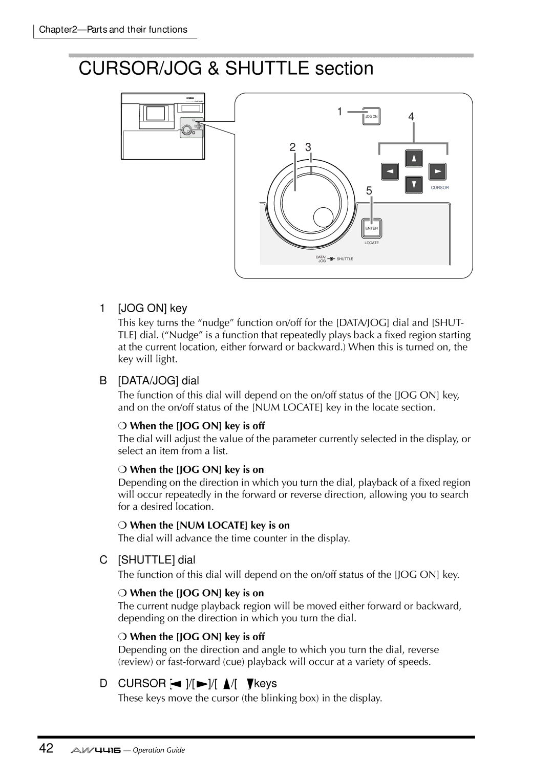 Yamaha AW4416 manual CURSOR/JOG & Shuttle section, JOG on key, DATA/JOG dial, Shuttle dial, Cursor / / / keys 