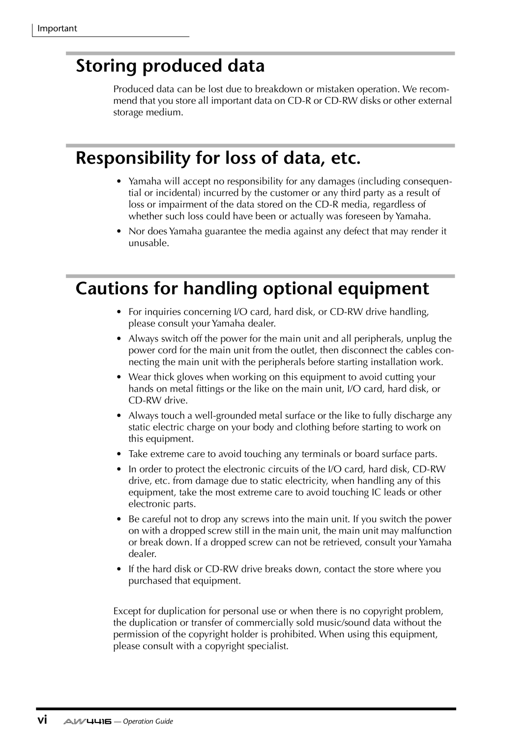 Yamaha AW4416 manual Storing produced data, Responsibility for loss of data, etc 