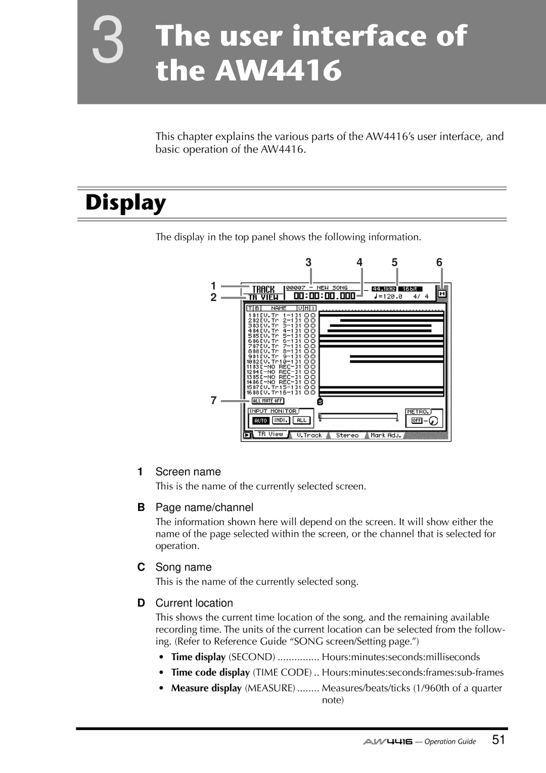 Yamaha manual User interface of the AW4416, Display 