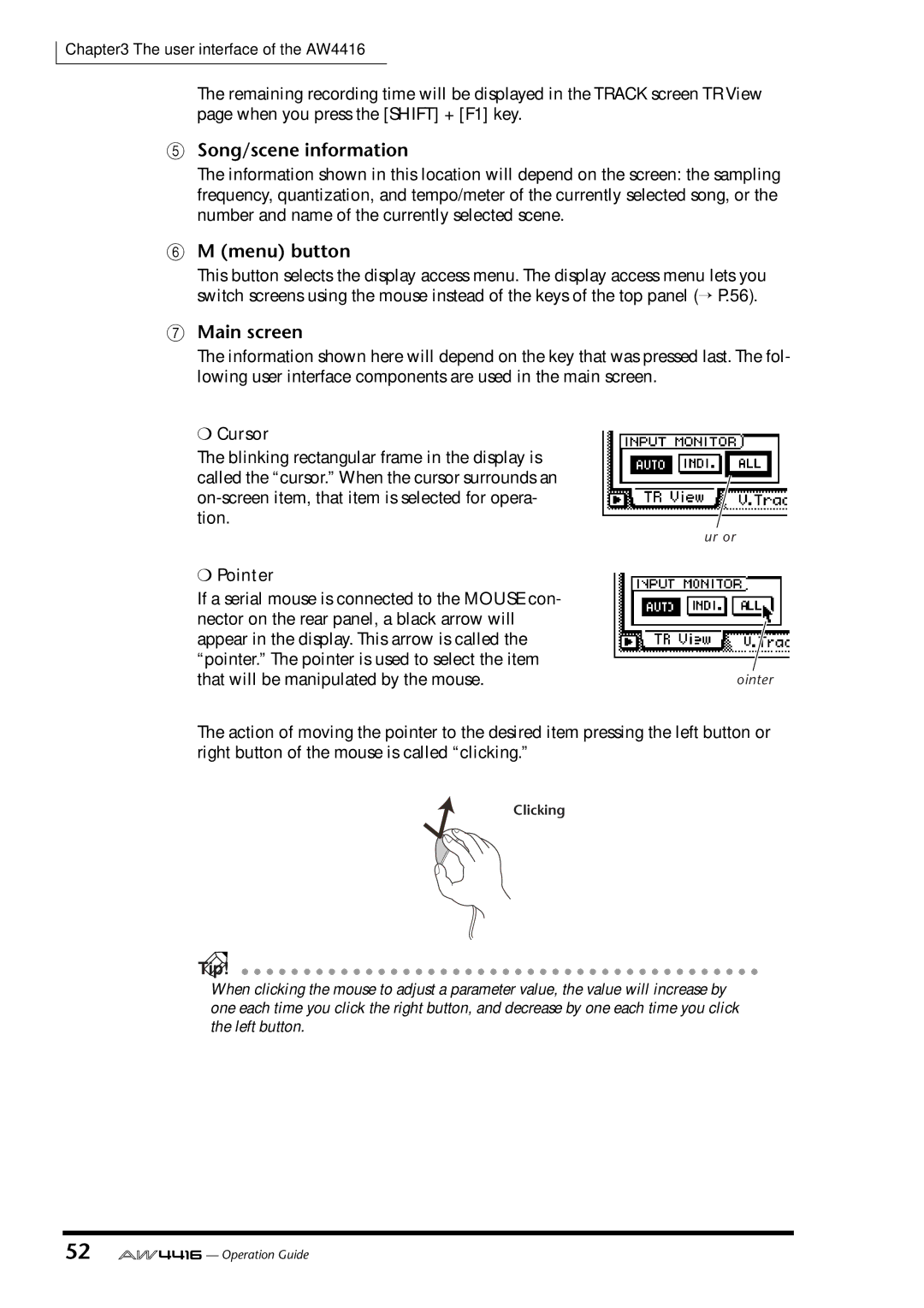 Yamaha AW4416 manual Song/scene information, Menu button, Main screen, Cursor, Pointer 