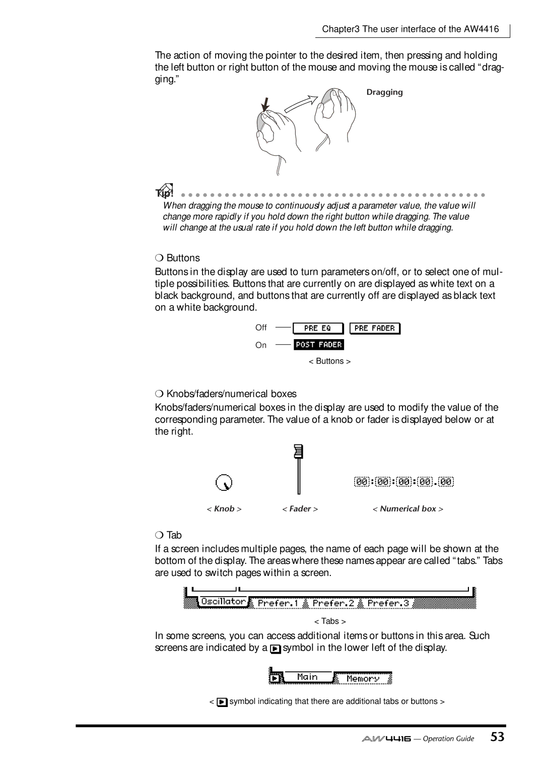 Yamaha AW4416 manual Buttons, Knobs/faders/numerical boxes, Tab 